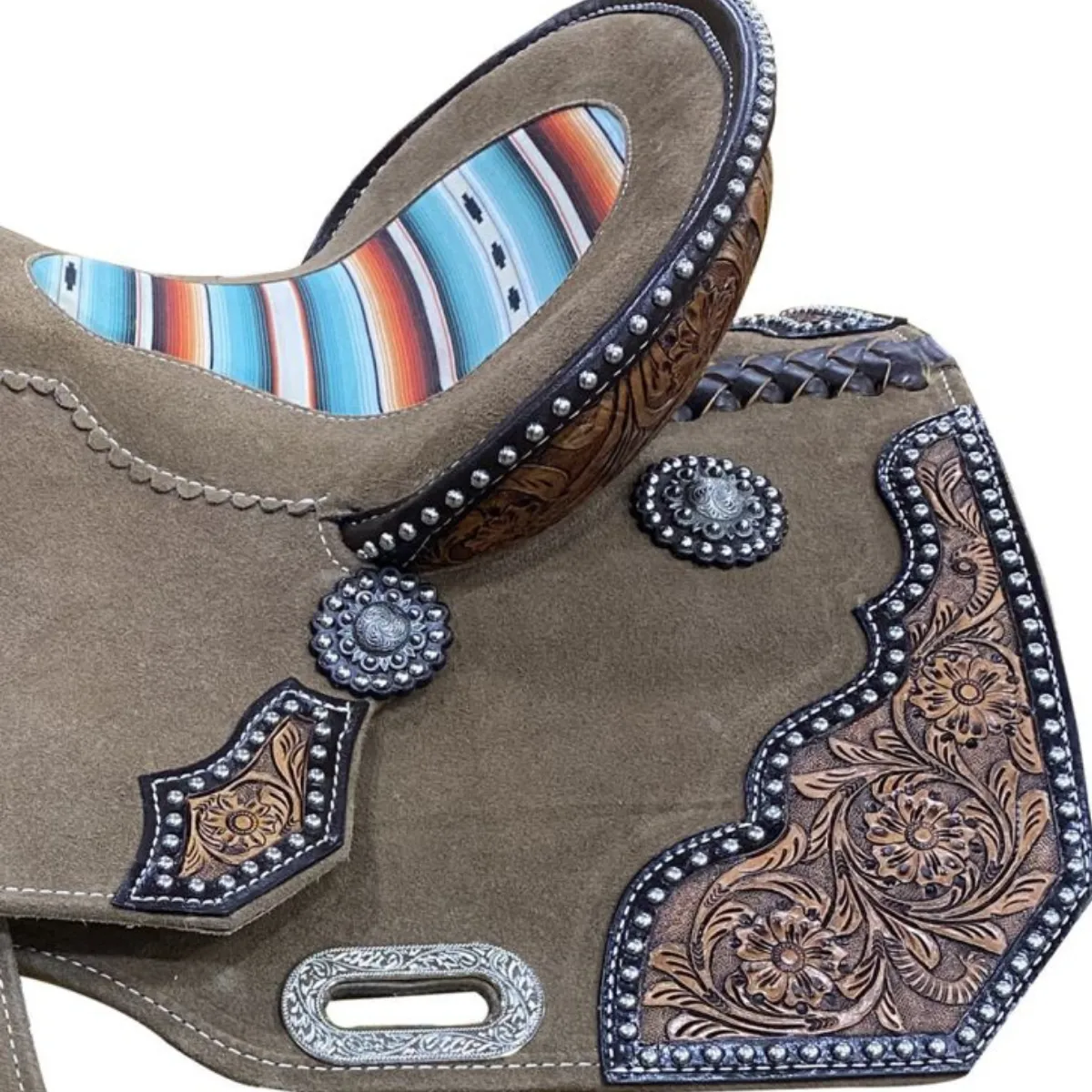 14", 15" DOUBLE T   ROUGH OUT BARREL STYLE SADDLE WITH SOUTHWEST SERAPE PRINTED INLAY