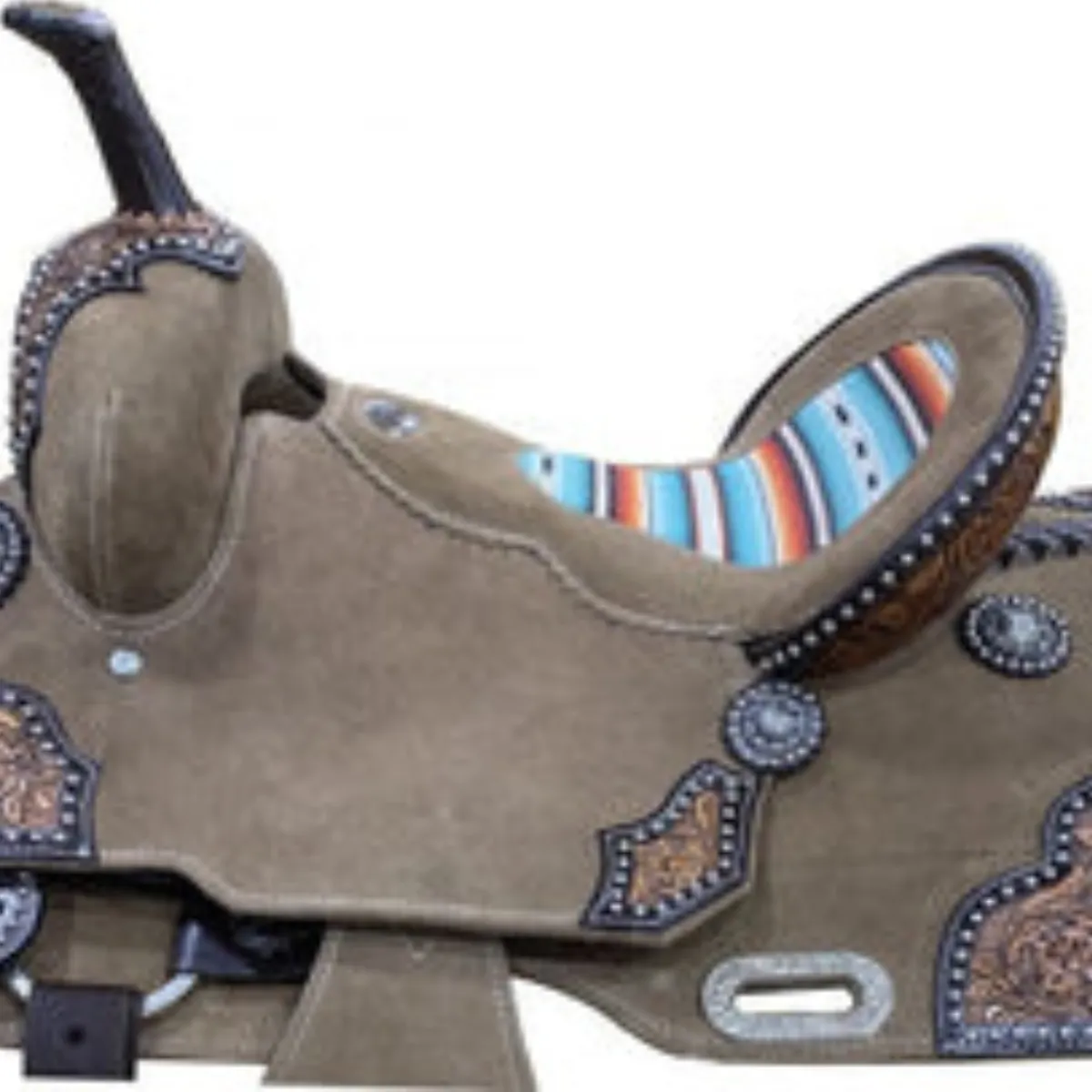 14", 15" DOUBLE T   ROUGH OUT BARREL STYLE SADDLE WITH SOUTHWEST SERAPE PRINTED INLAY