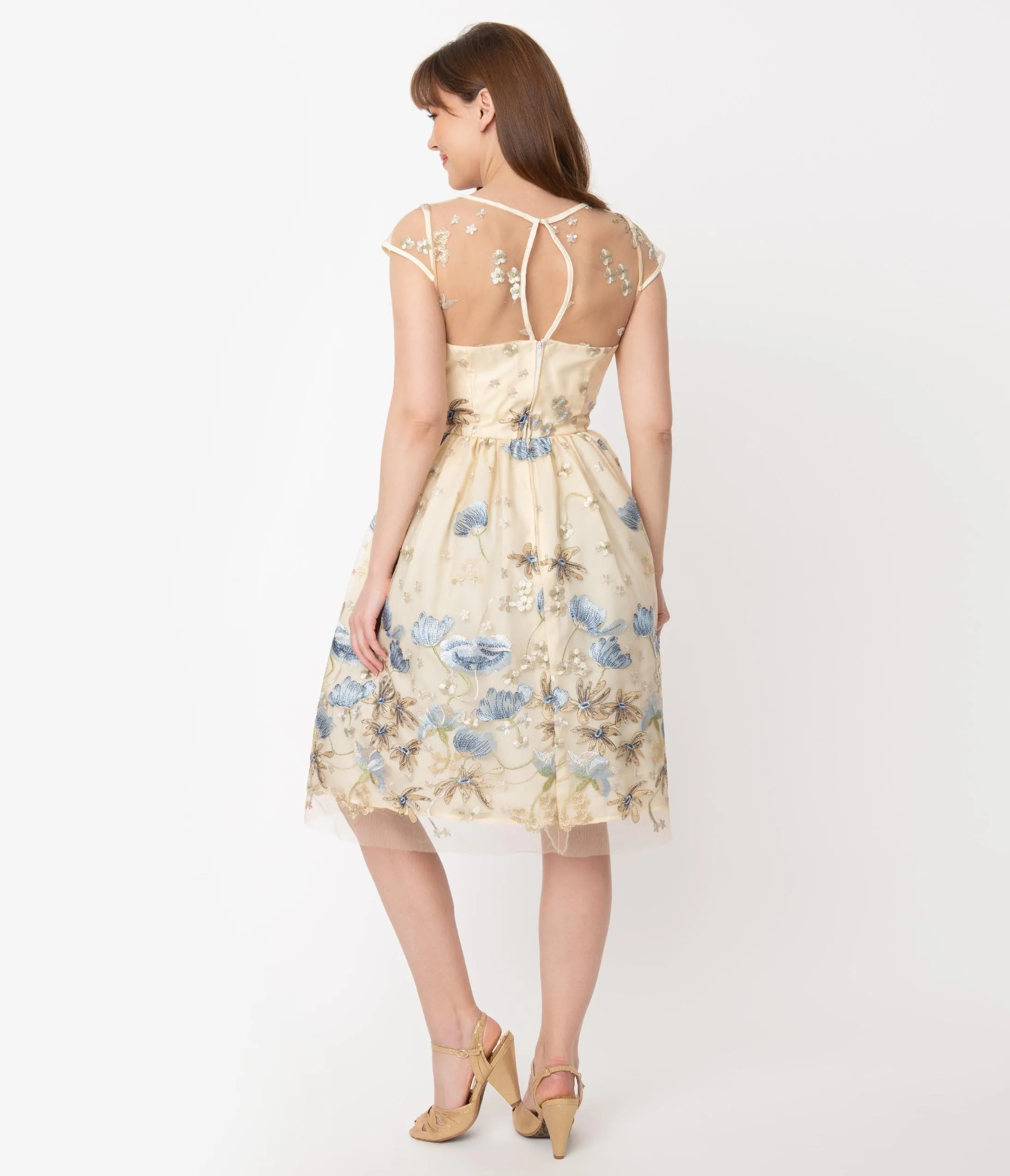 1950s Cream & Light Blue Floral Tulle Melissa Swing Dress