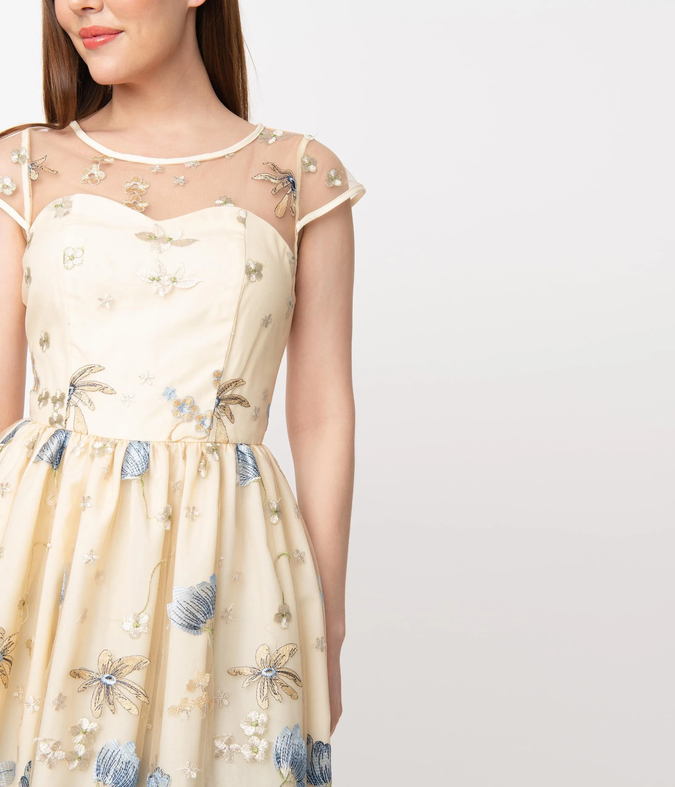 1950s Cream & Light Blue Floral Tulle Melissa Swing Dress