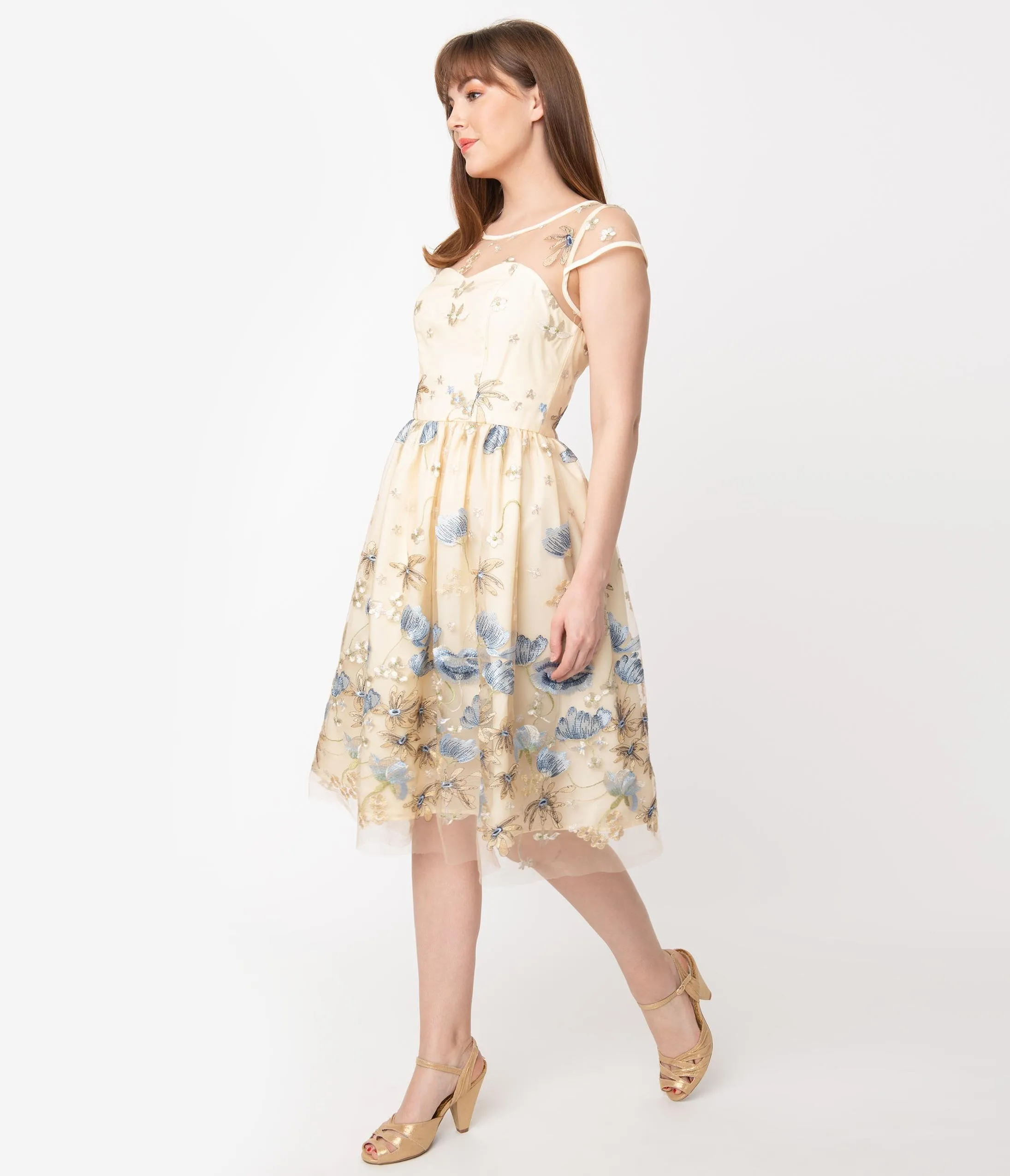 1950s Cream & Light Blue Floral Tulle Melissa Swing Dress