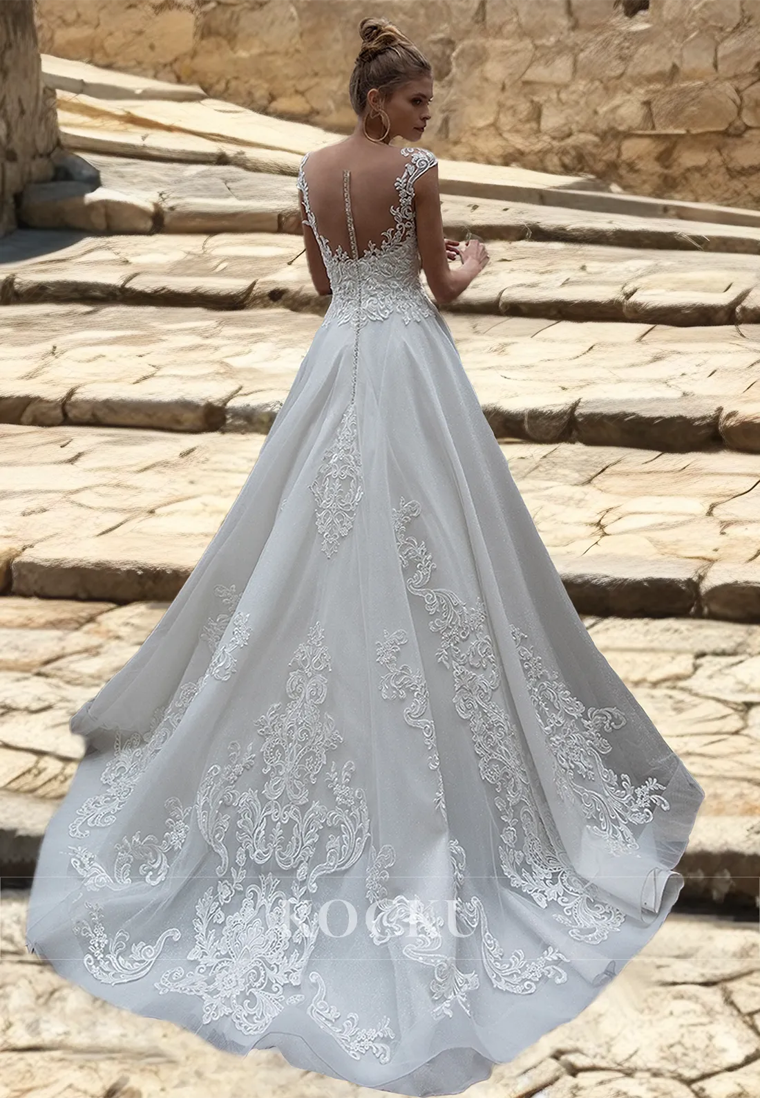 A-Line Cap Sleeves V-Neck Pleats Lace Sweep Train Appliques Wedding Dress Bridal Gowns