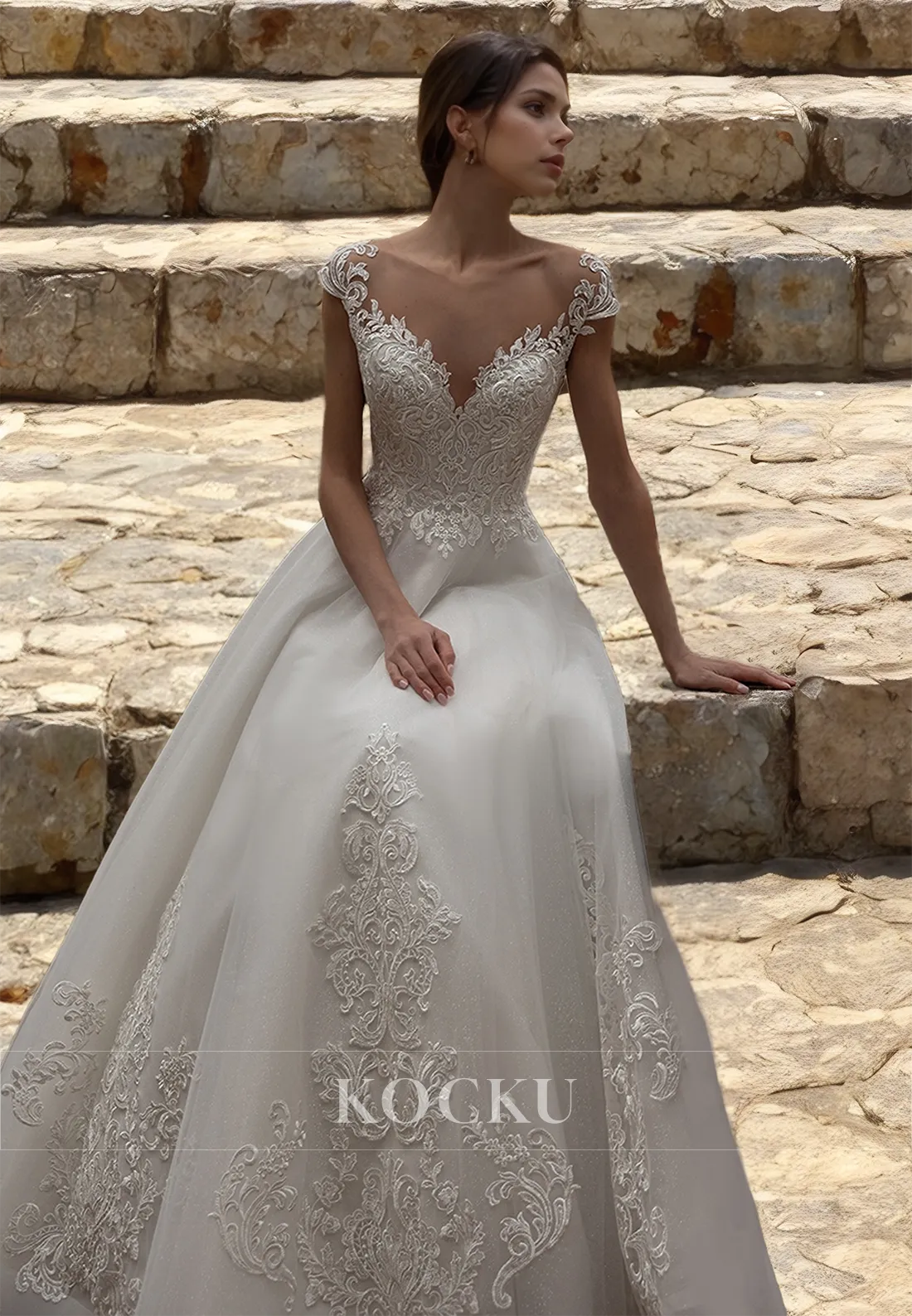 A-Line Cap Sleeves V-Neck Pleats Lace Sweep Train Appliques Wedding Dress Bridal Gowns