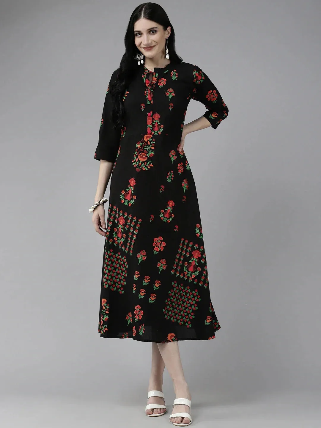Black Printed A-Line Dress