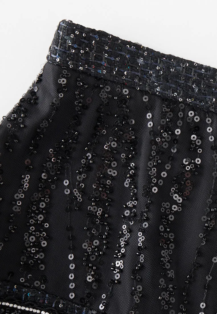 Black Sequin Mesh Midi Skirt
