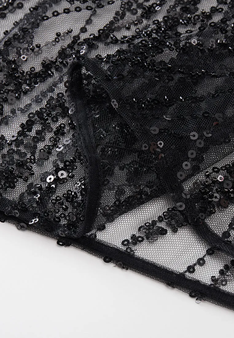 Black Sequin Mesh Midi Skirt