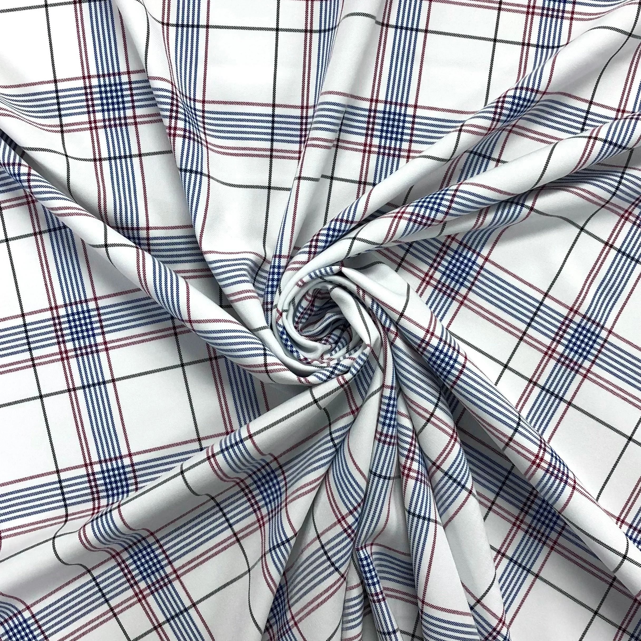 Blue Red Black on White Checkered Tartan Suiting Fabric