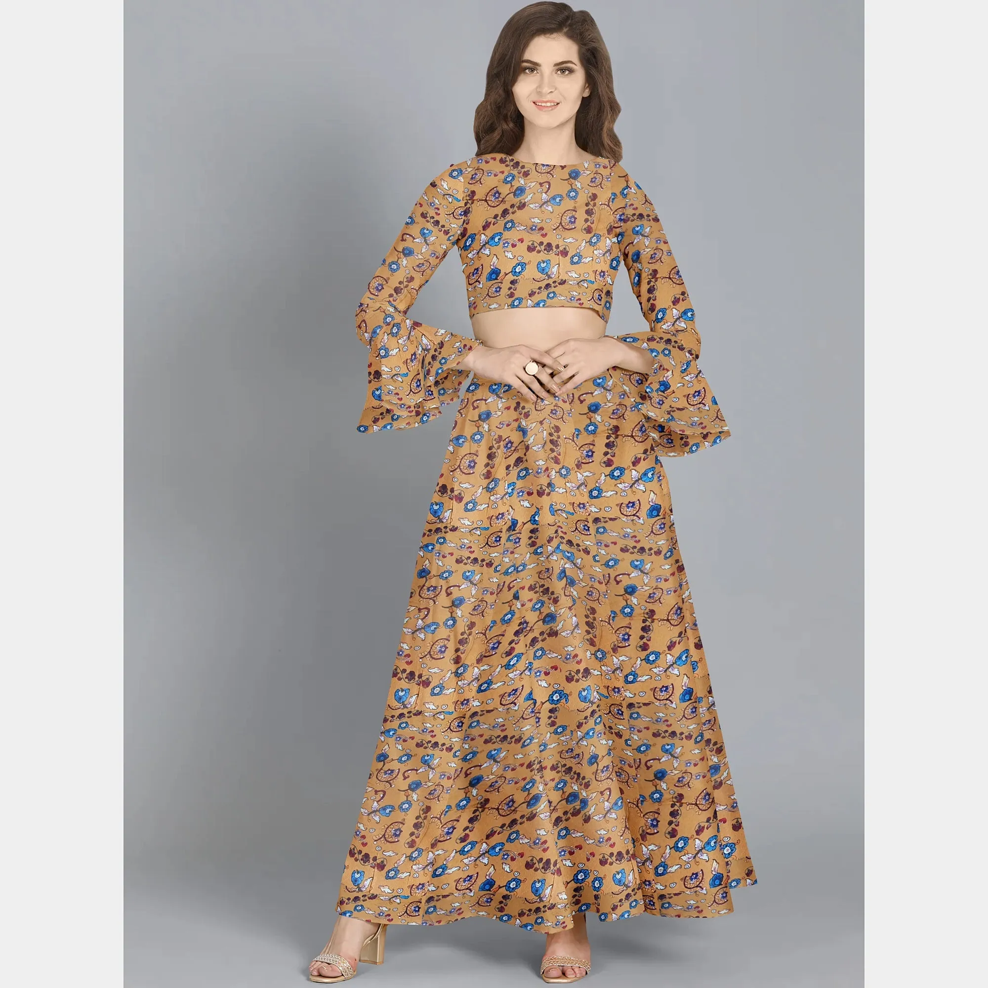 Brown Floral Madhubani Print Rayon Dobby Fabric