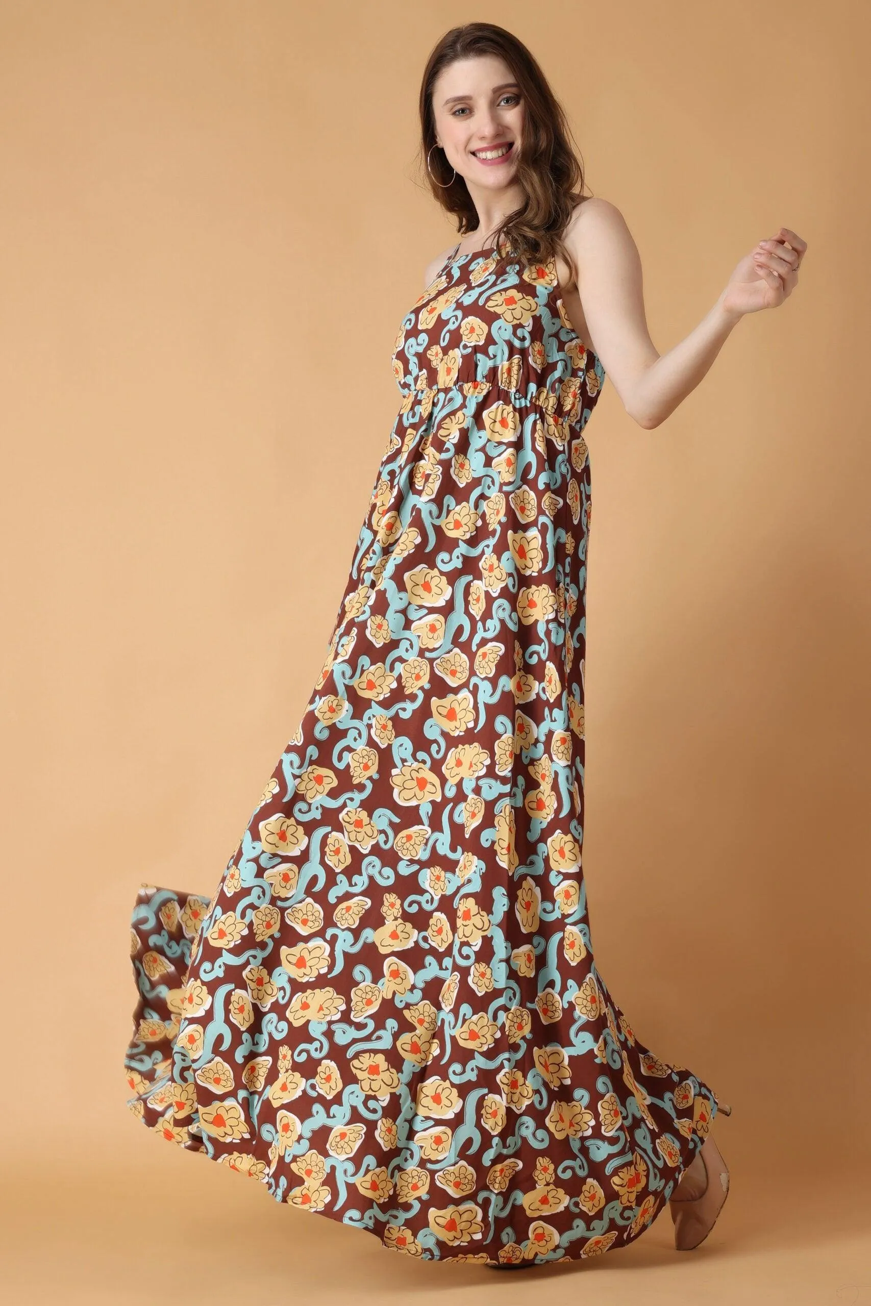 Brown Floral Printed Dress