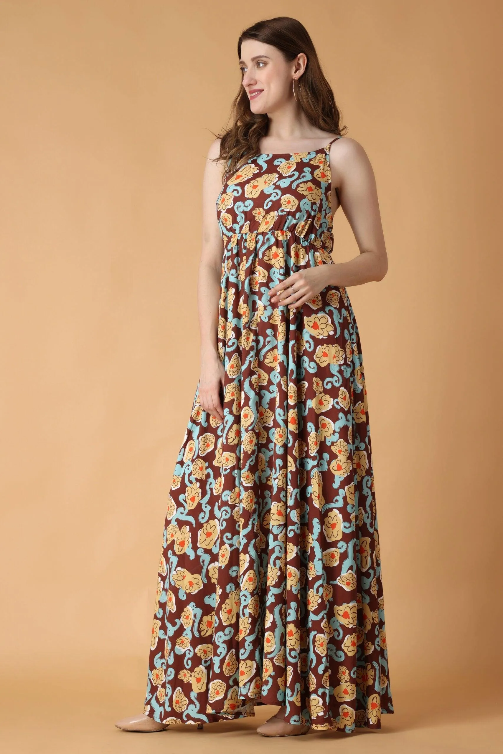 Brown Floral Printed Dress