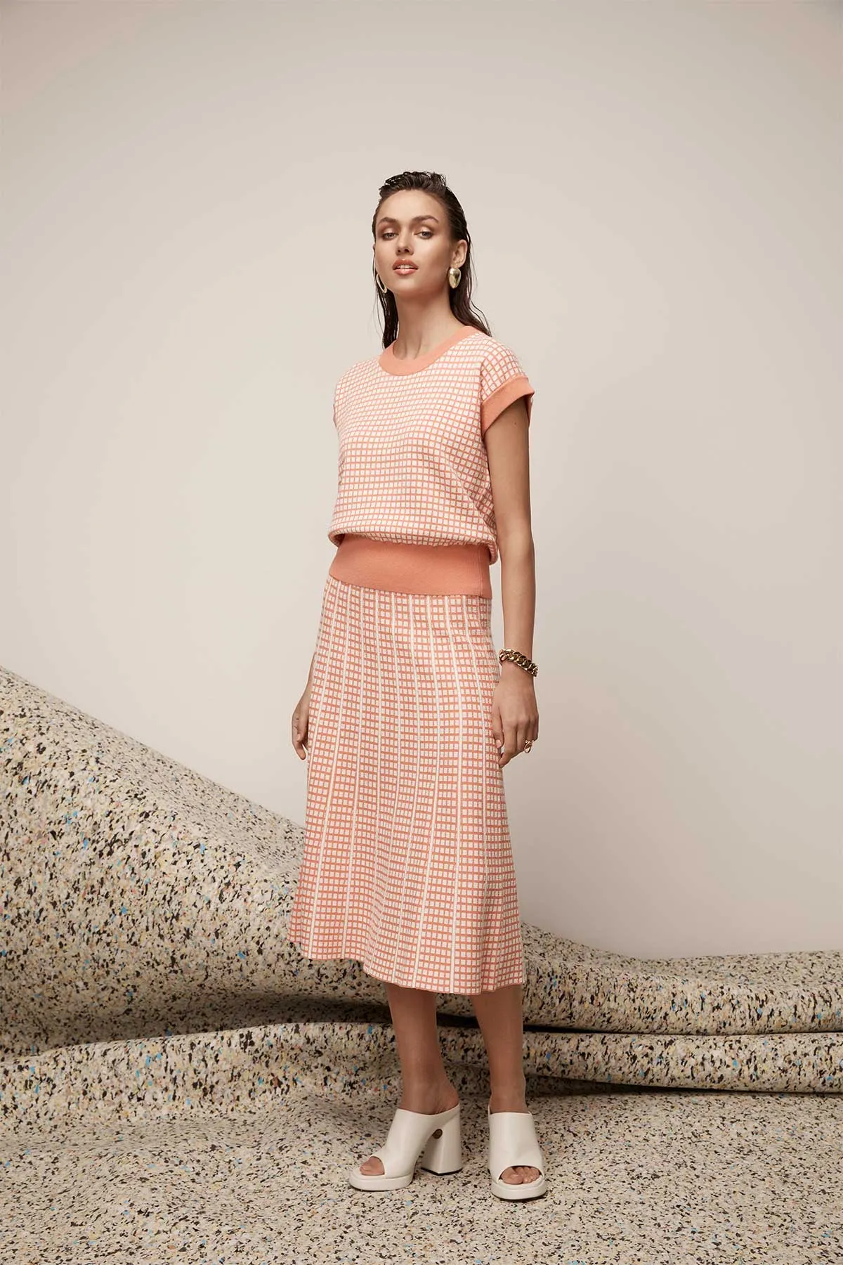 Check Knit Skirt - Apricot Marle