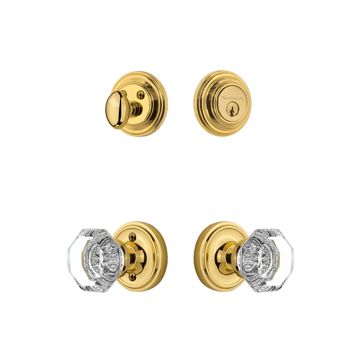 Classic Rosette Entry Set with Waldorf Crystal Knob in Polished Brass