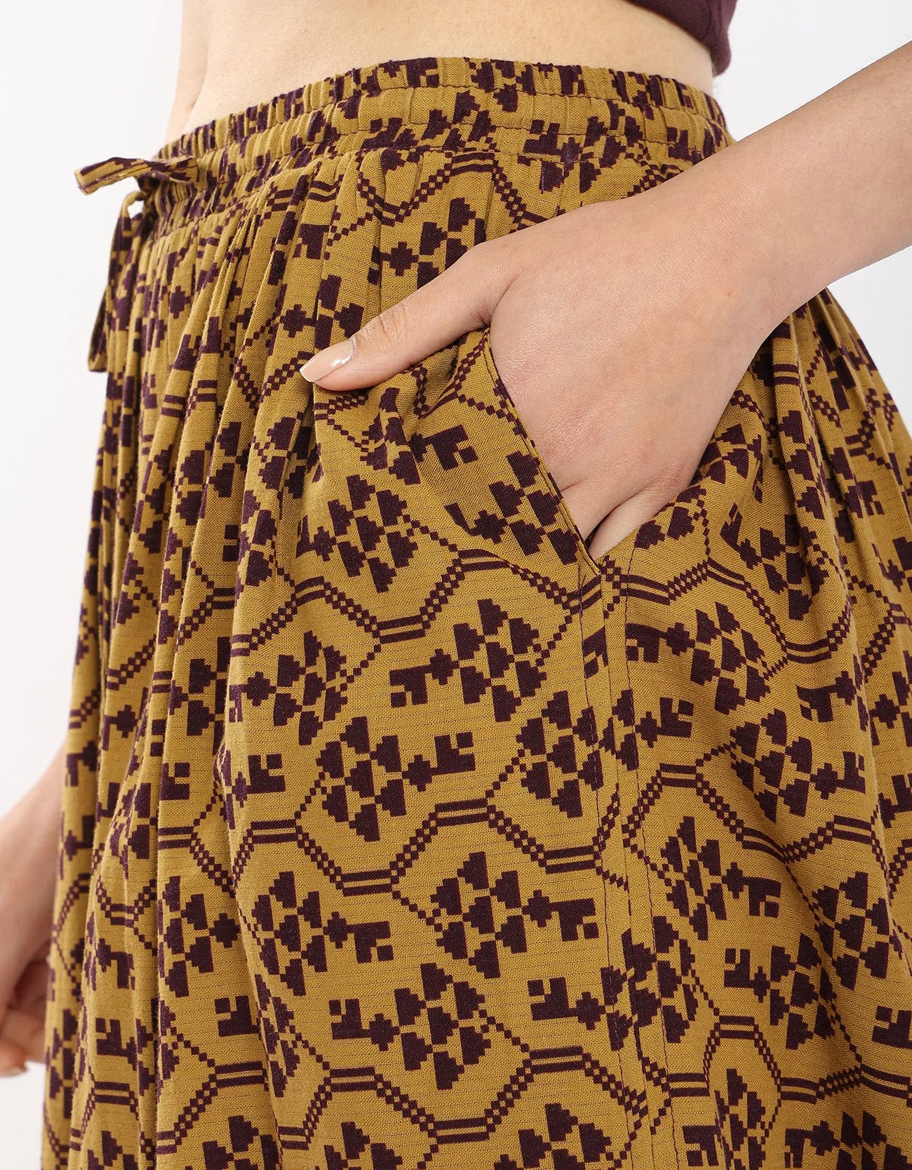 Cotton printed long skirt with drawstring