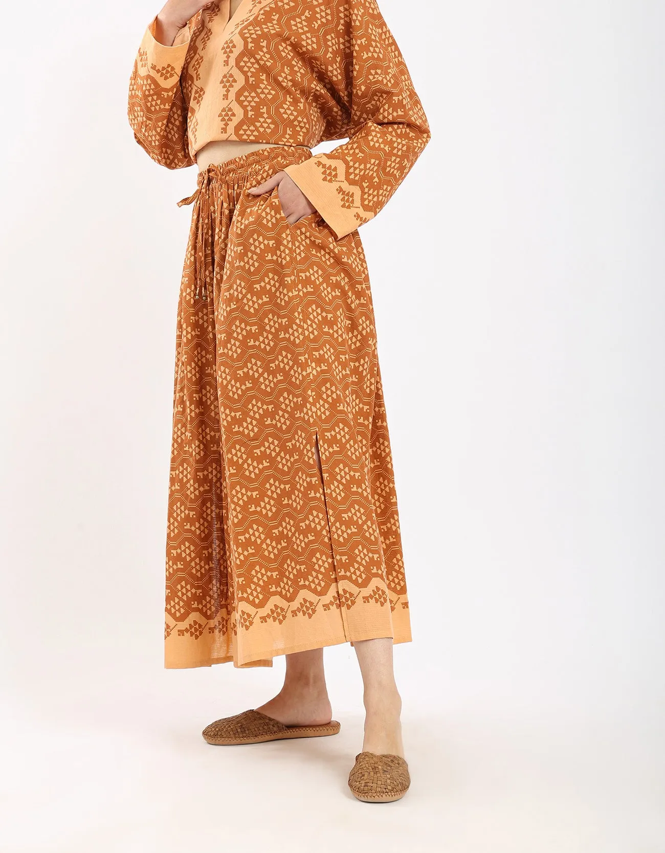 Cotton printed long skirt with drawstring