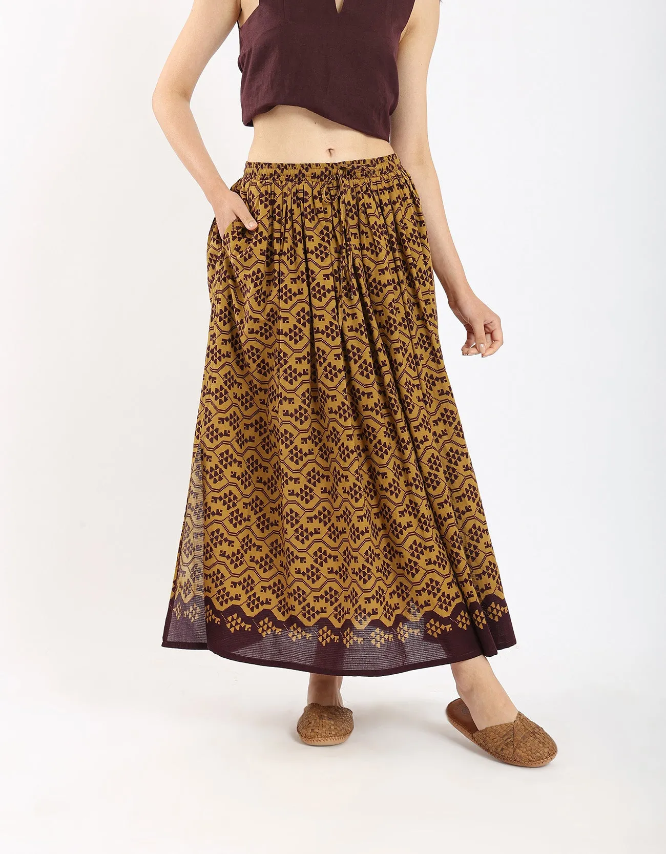 Cotton printed long skirt with drawstring
