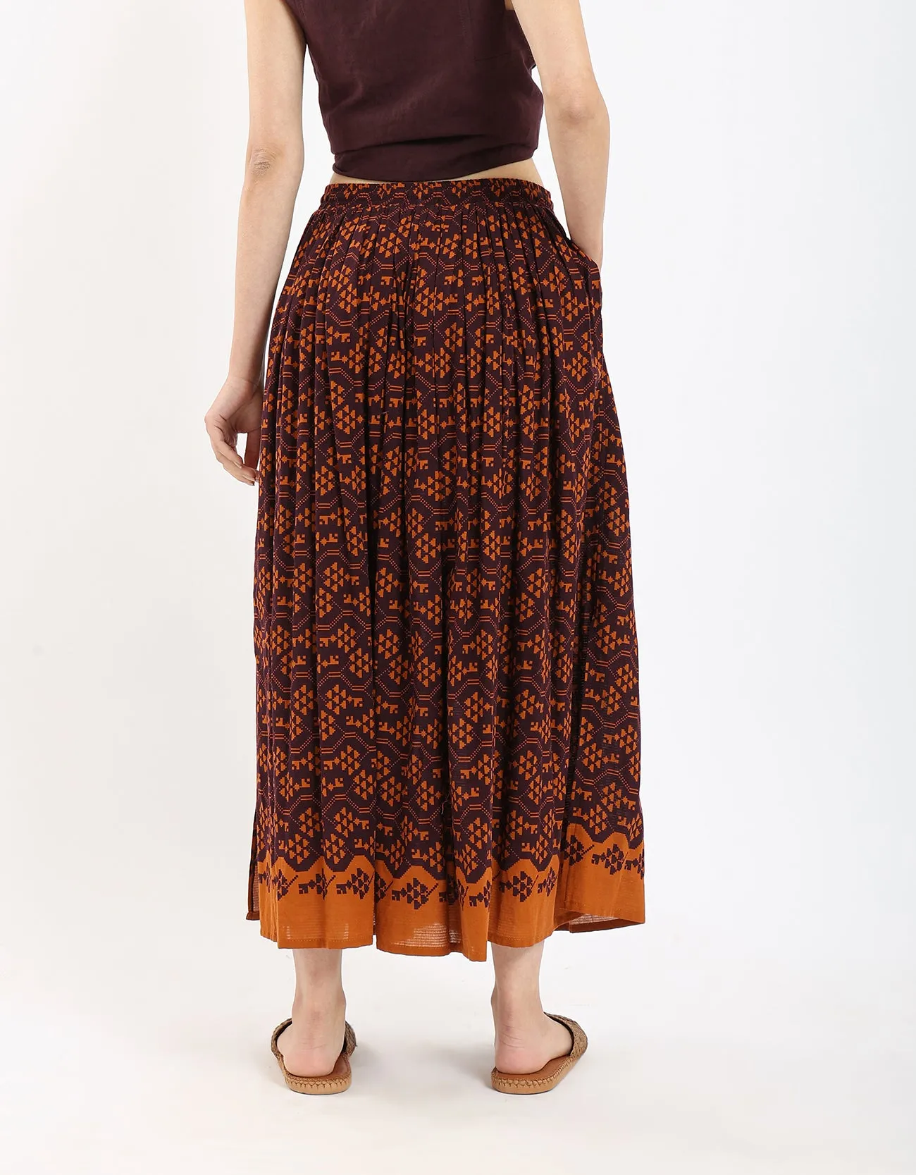 Cotton printed long skirt with drawstring