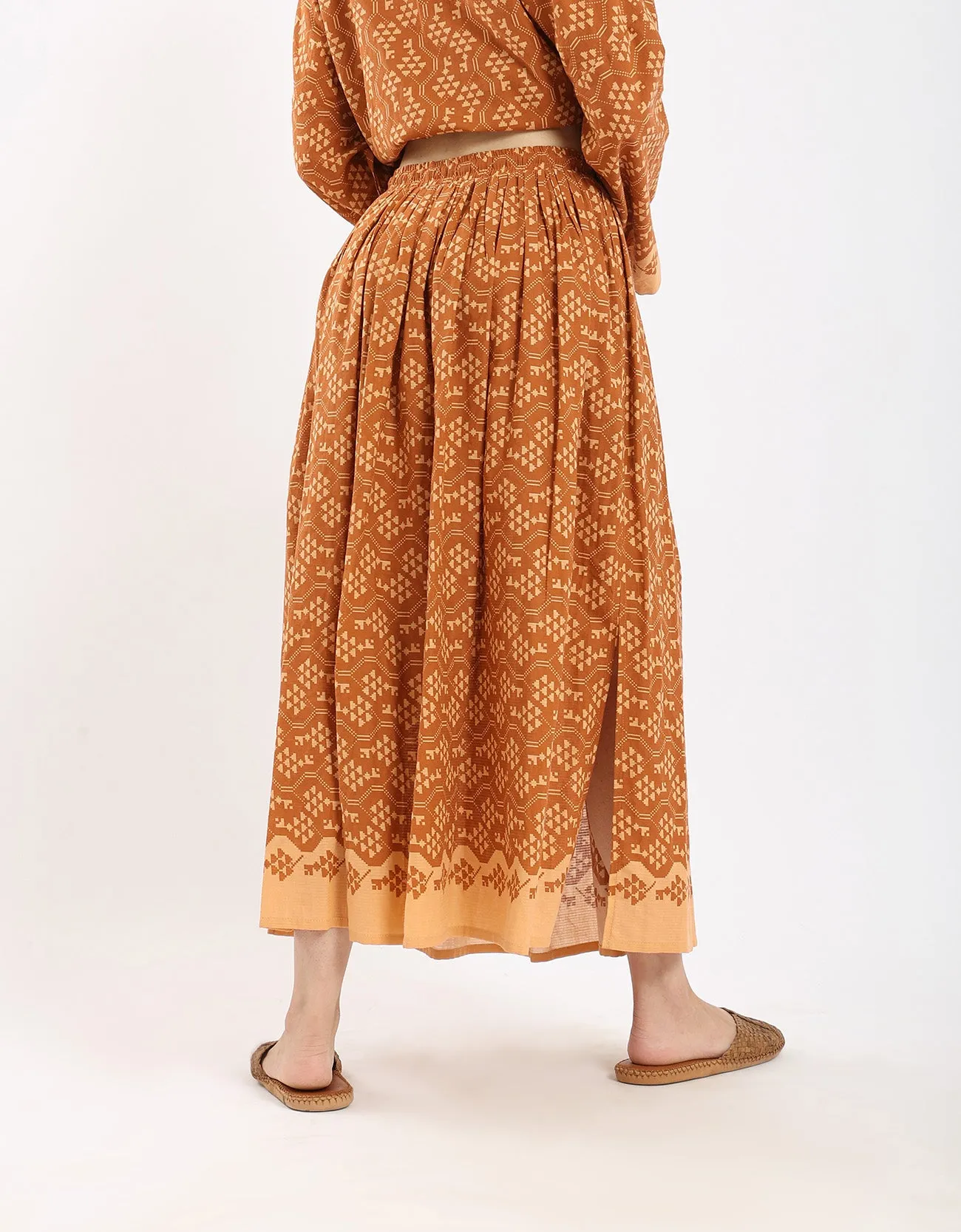 Cotton printed long skirt with drawstring