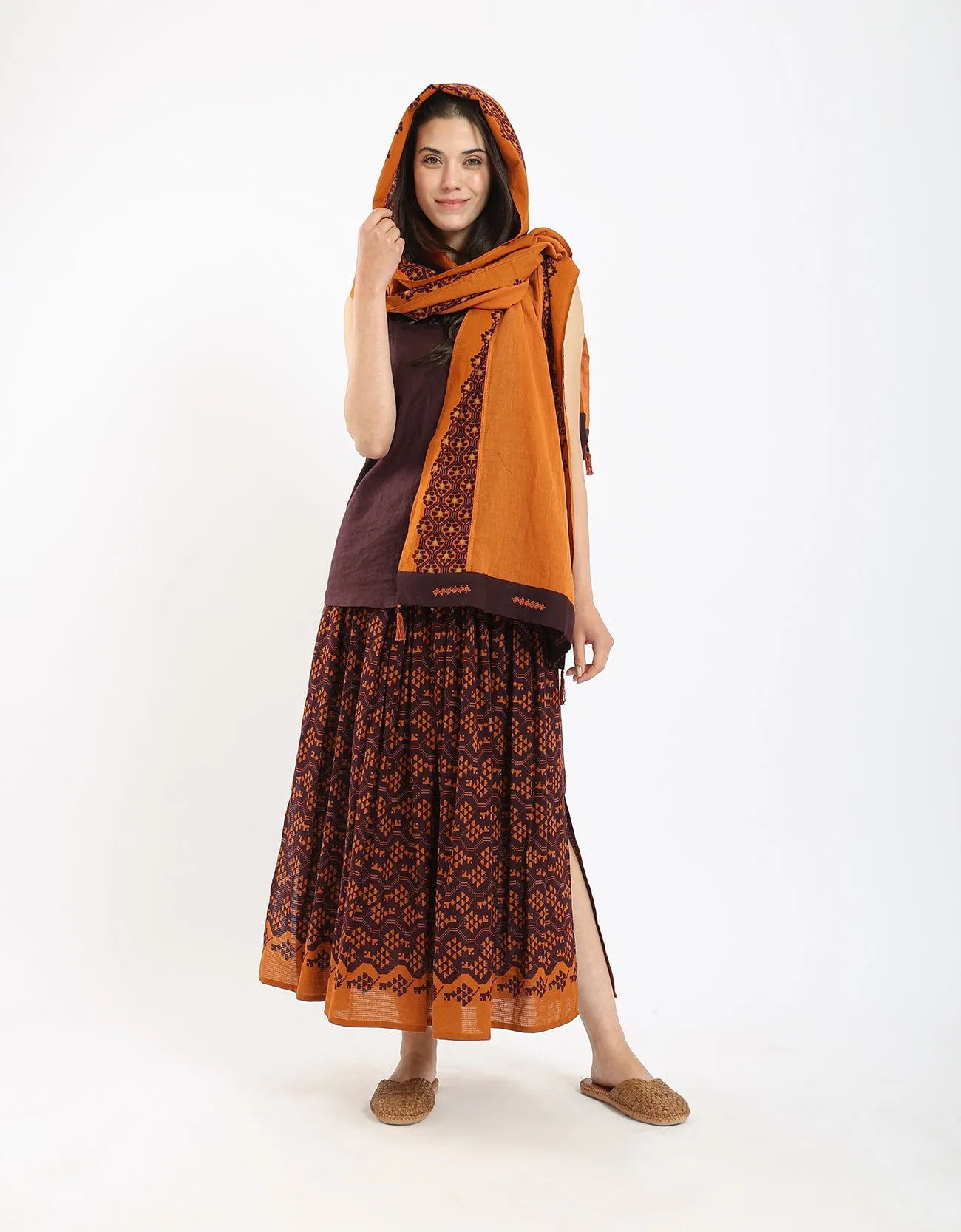 Cotton printed long skirt with drawstring