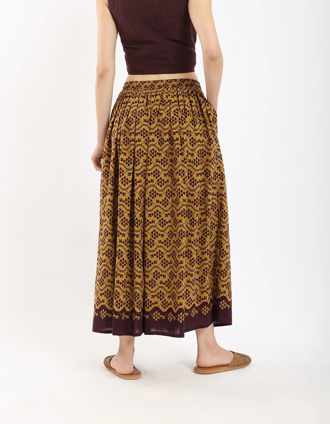 Cotton printed long skirt with drawstring