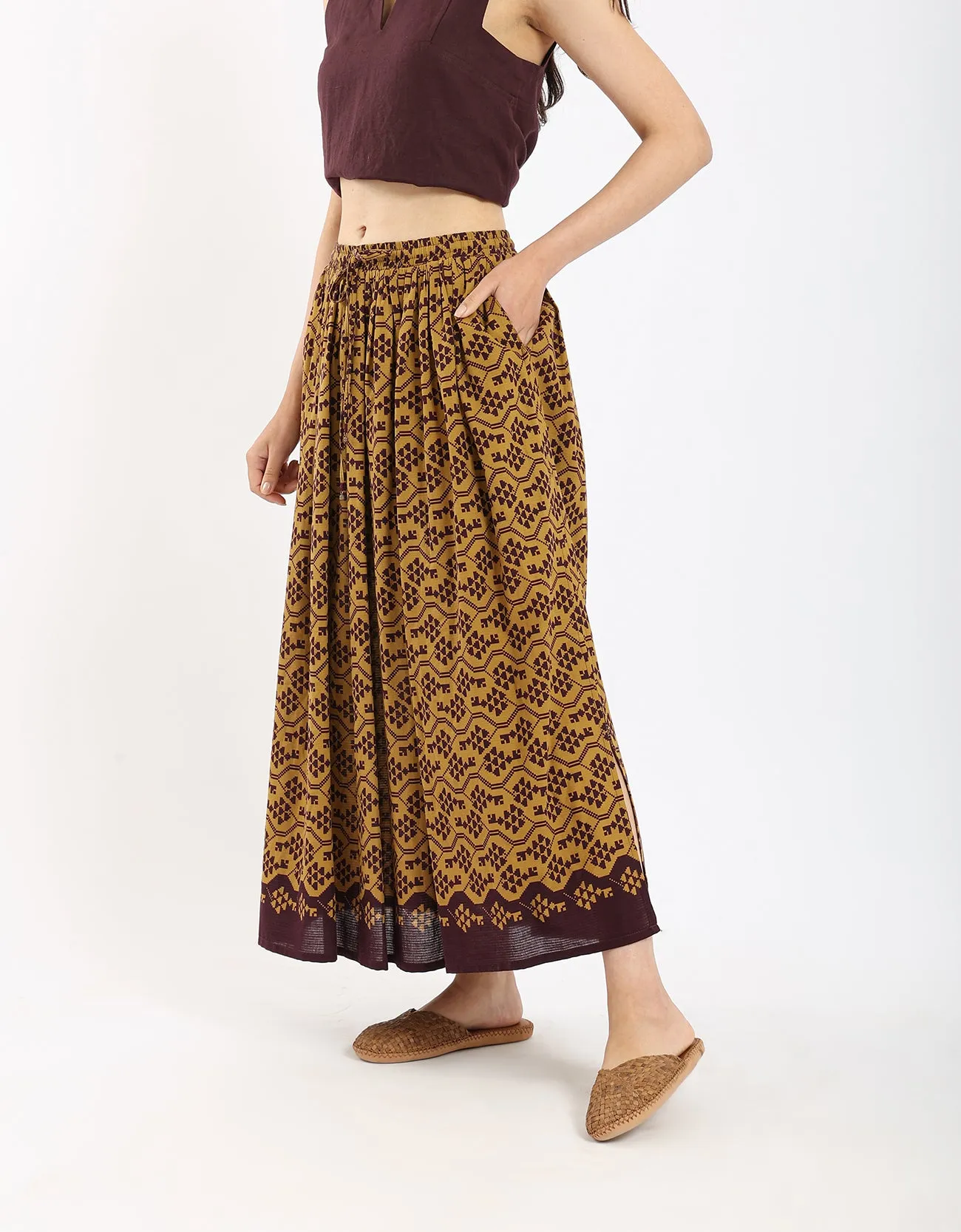 Cotton printed long skirt with drawstring