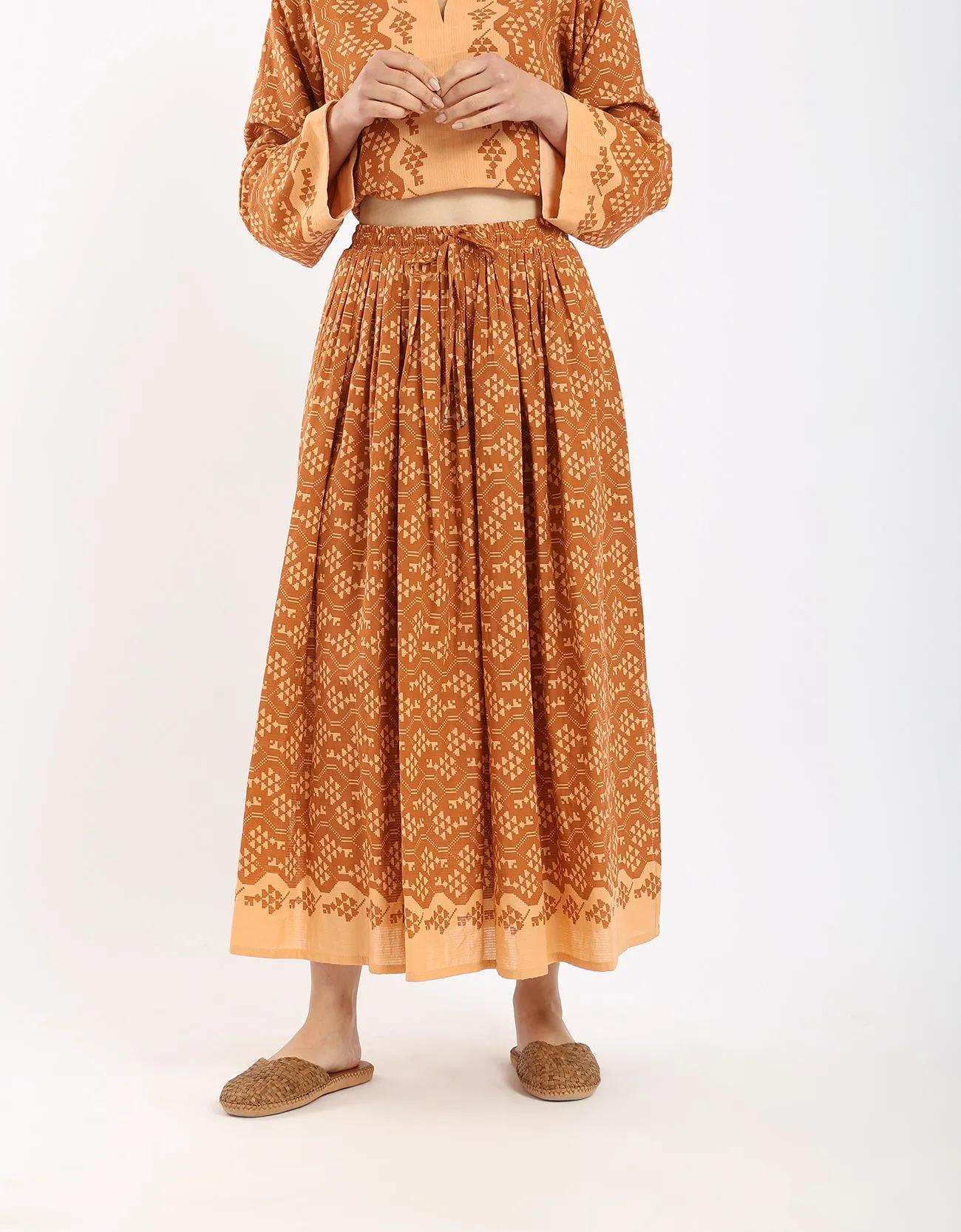 Cotton printed long skirt with drawstring