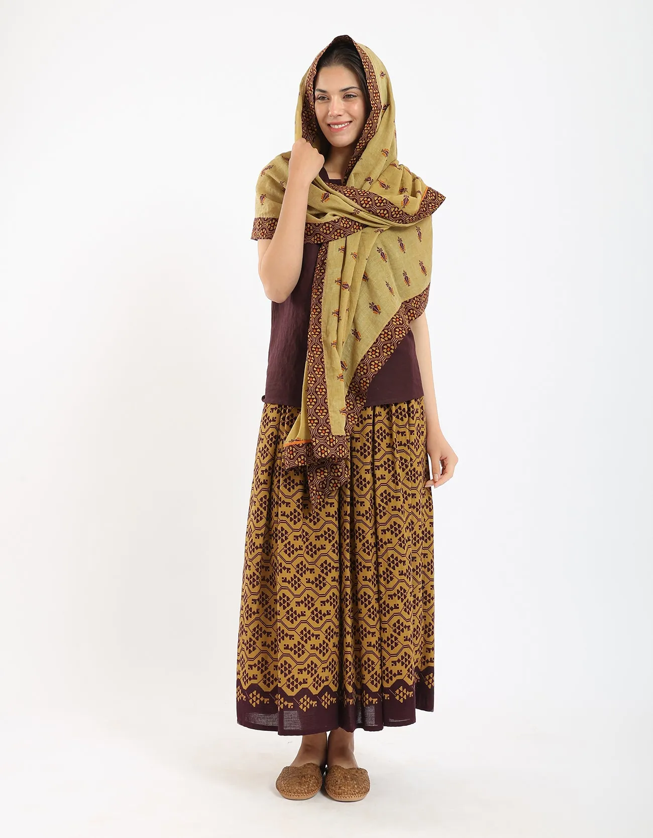 Cotton printed long skirt with drawstring