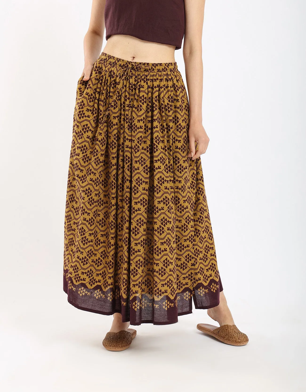 Cotton printed long skirt with drawstring