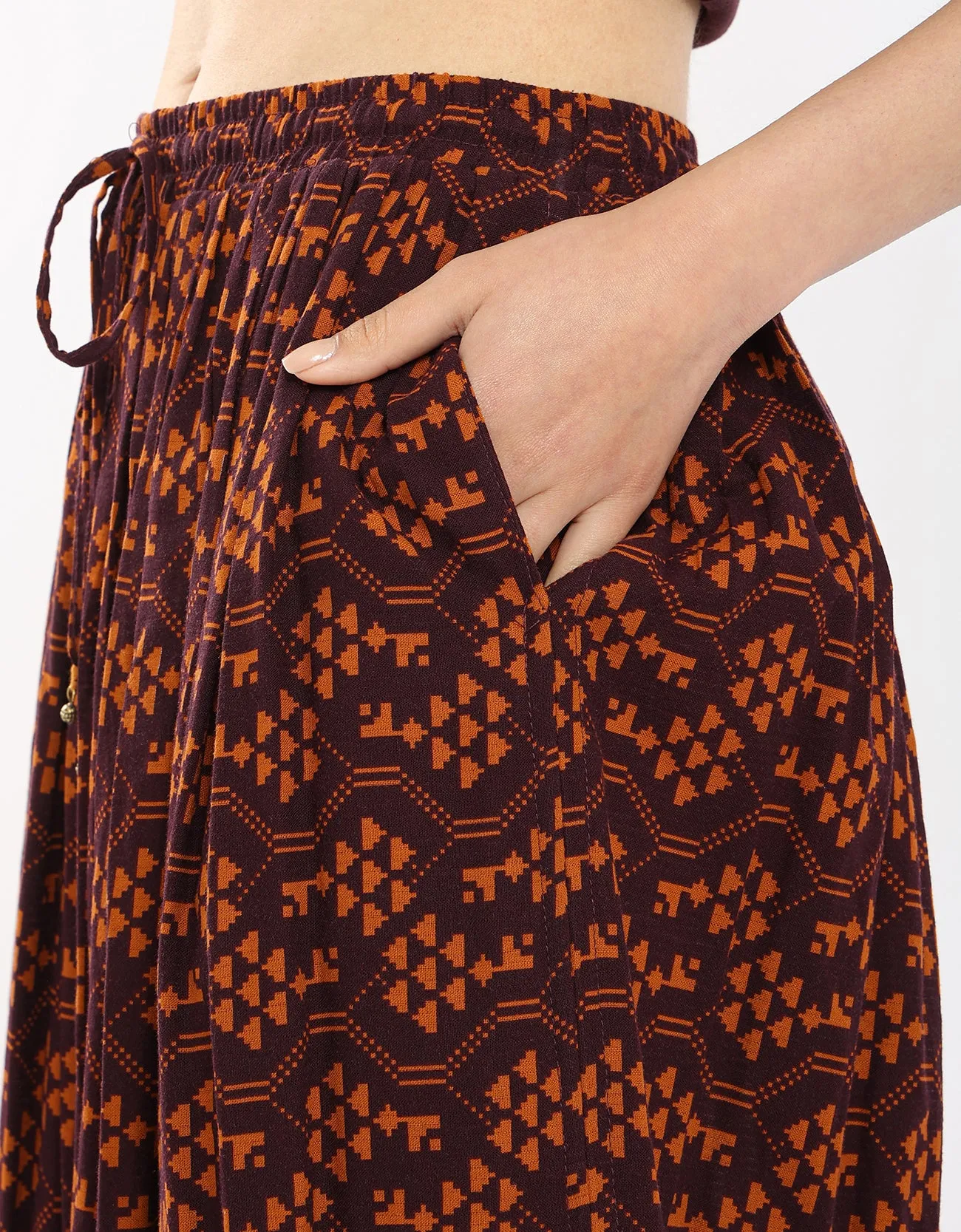 Cotton printed long skirt with drawstring