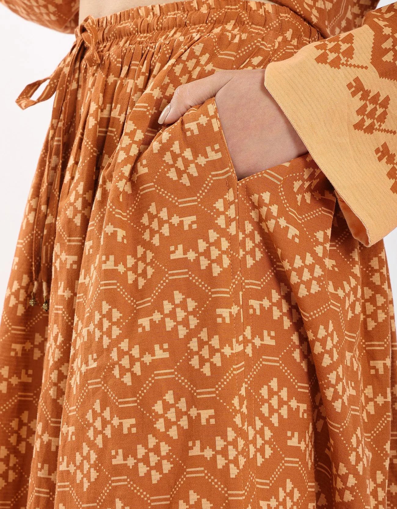 Cotton printed long skirt with drawstring