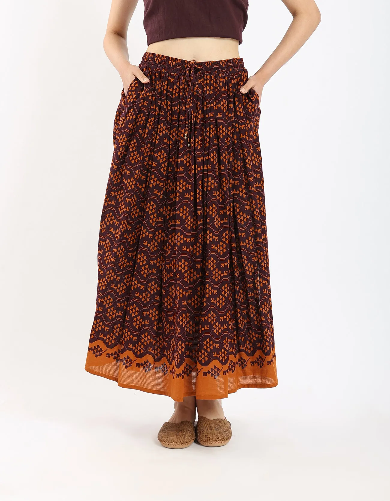 Cotton printed long skirt with drawstring