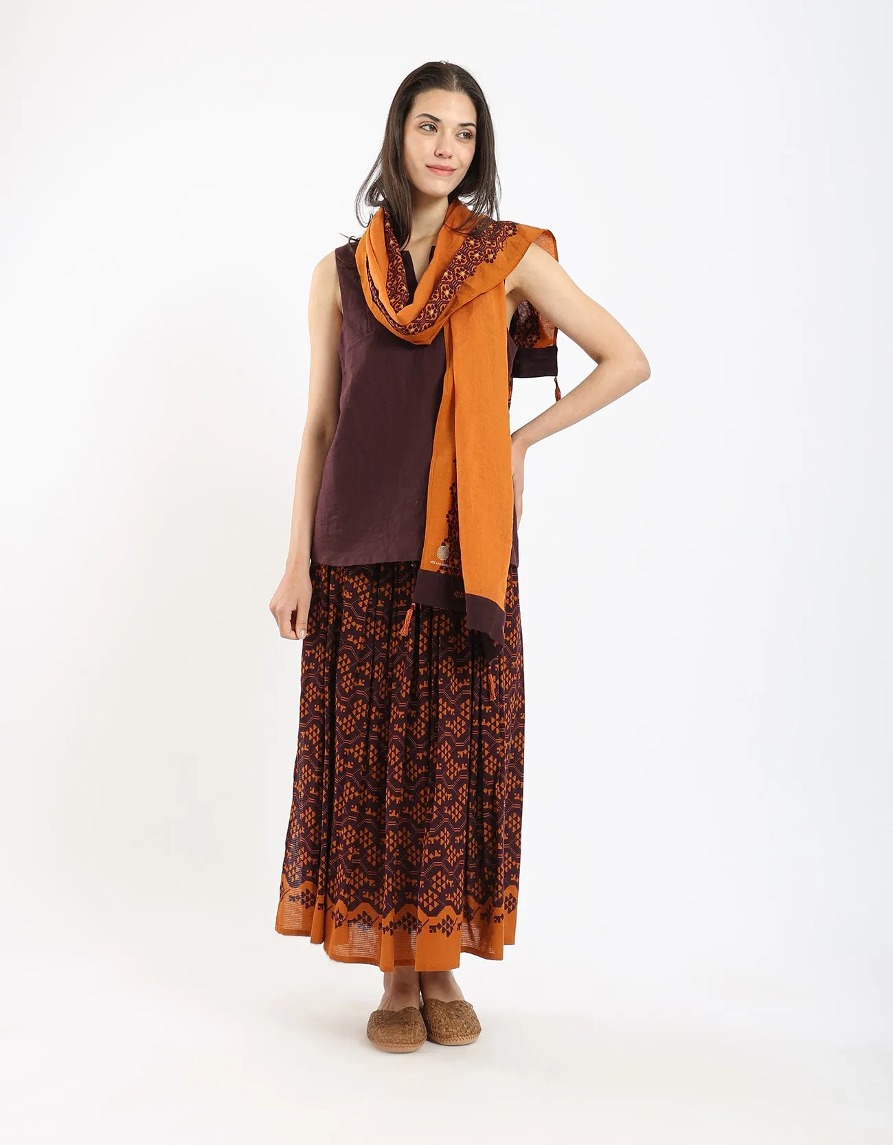Cotton printed long skirt with drawstring