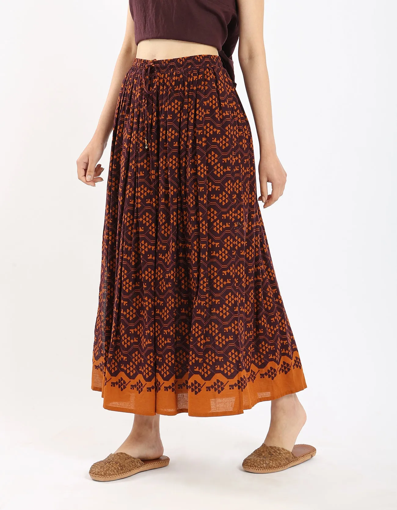 Cotton printed long skirt with drawstring
