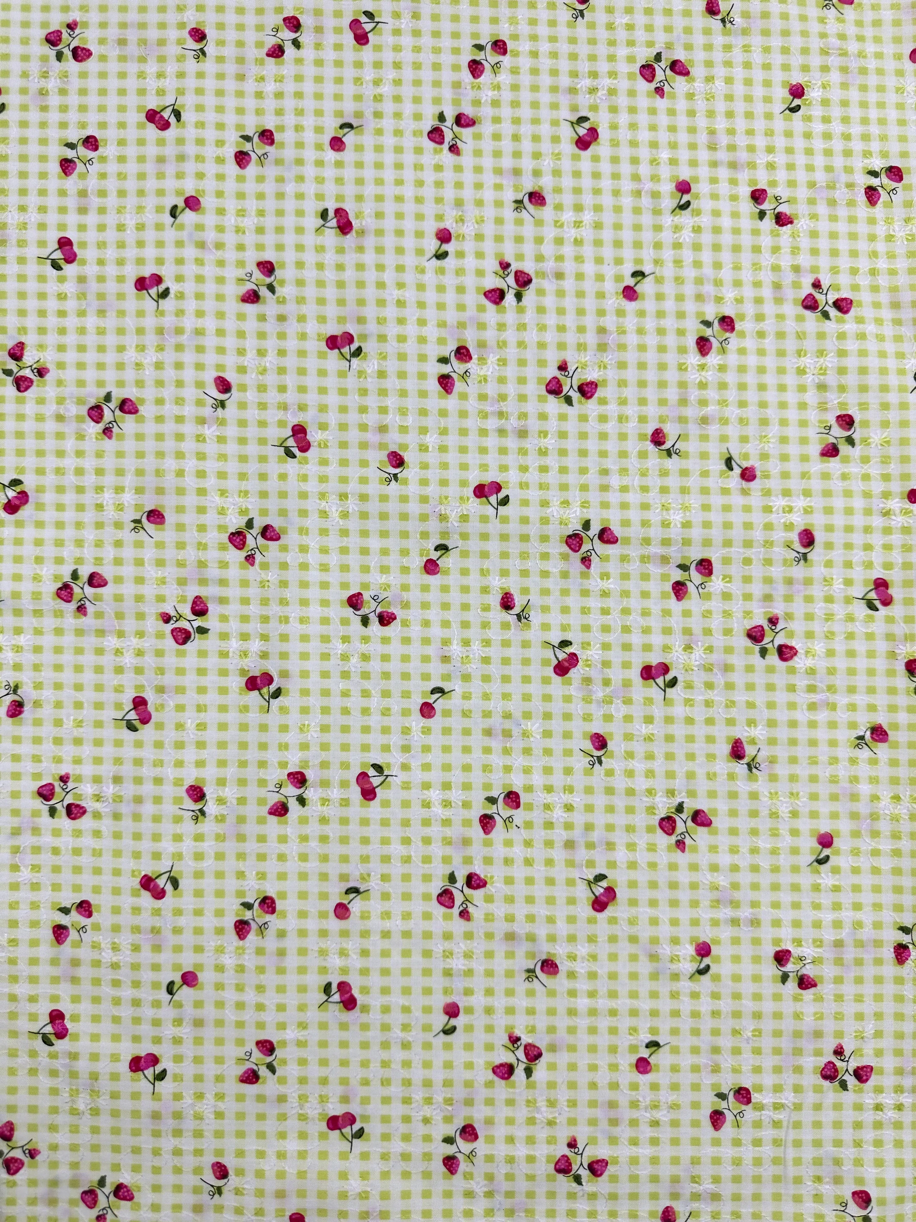 Embroidered Printed Cotton - Strawberry Lime - 114cm