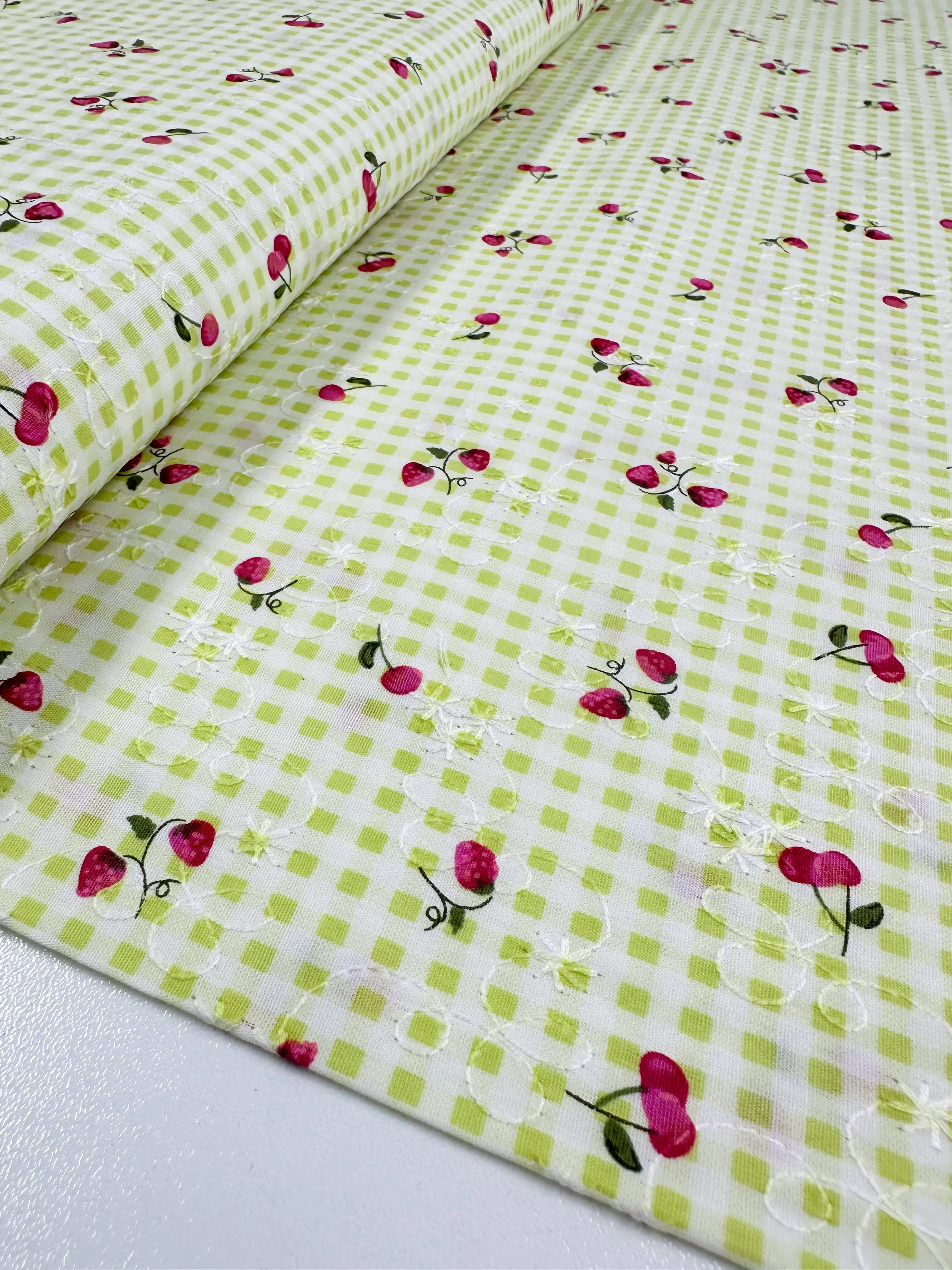 Embroidered Printed Cotton - Strawberry Lime - 114cm