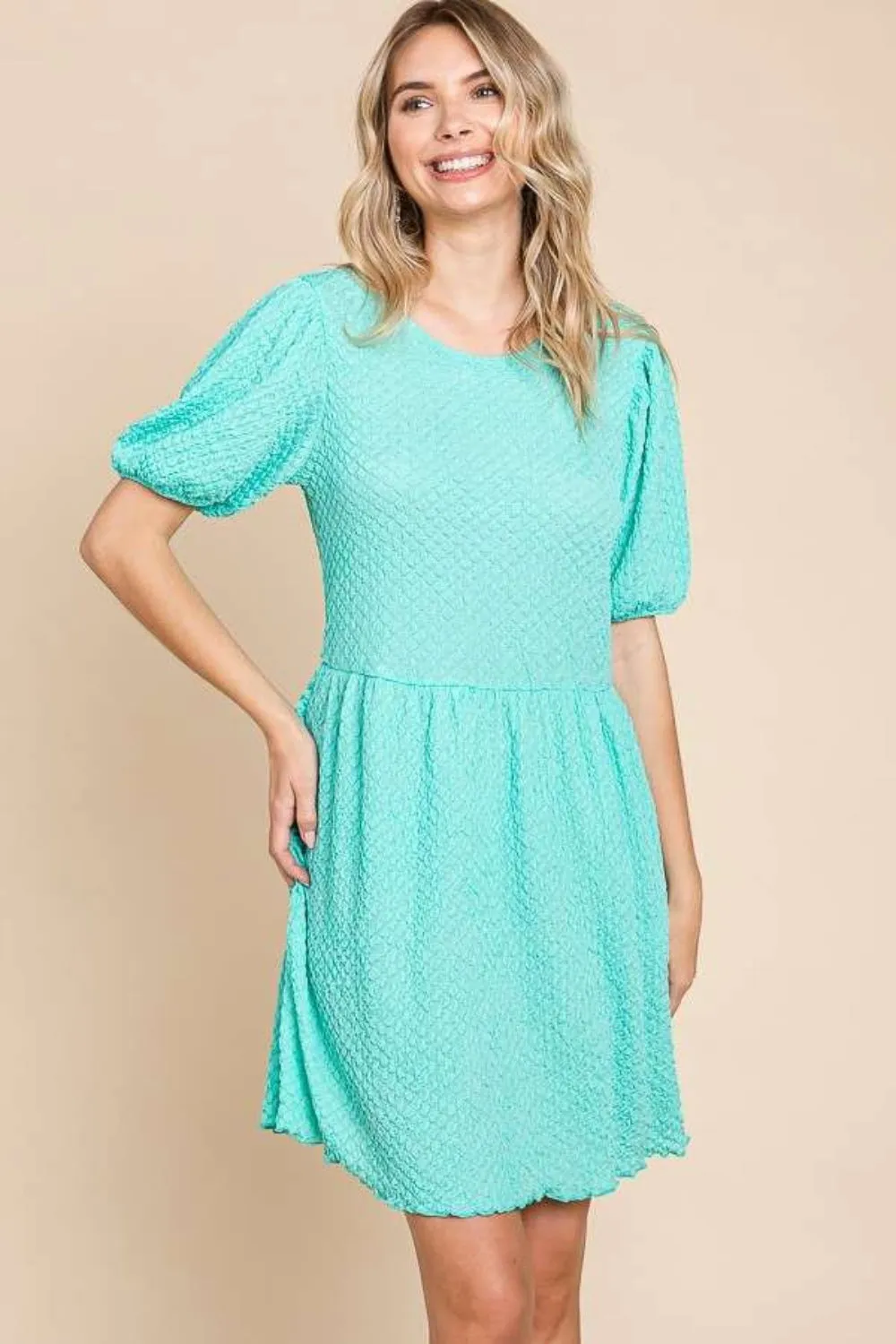 Full Size Textured Round Neck Puff Sleeve Dress