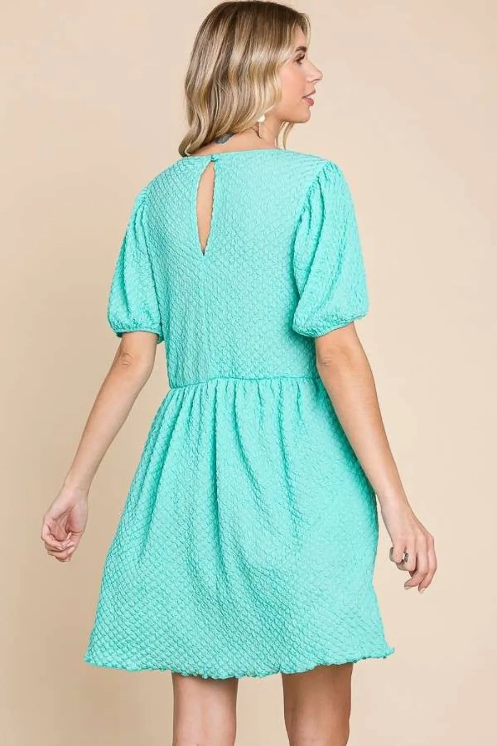 Full Size Textured Round Neck Puff Sleeve Dress