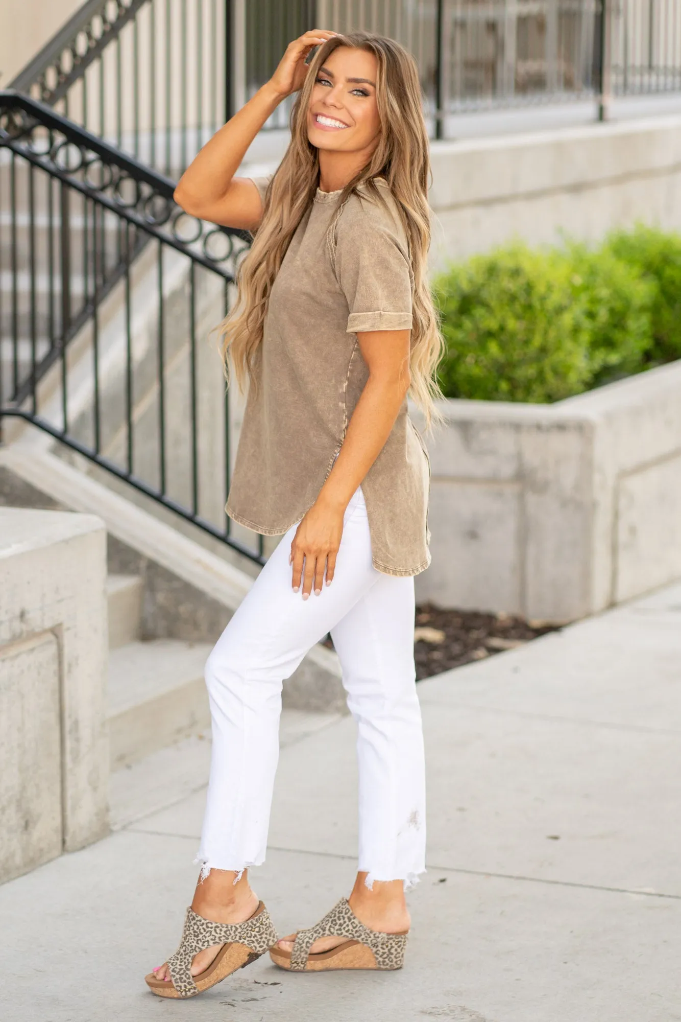 Heathered Round Neck Short Sleeve Top
