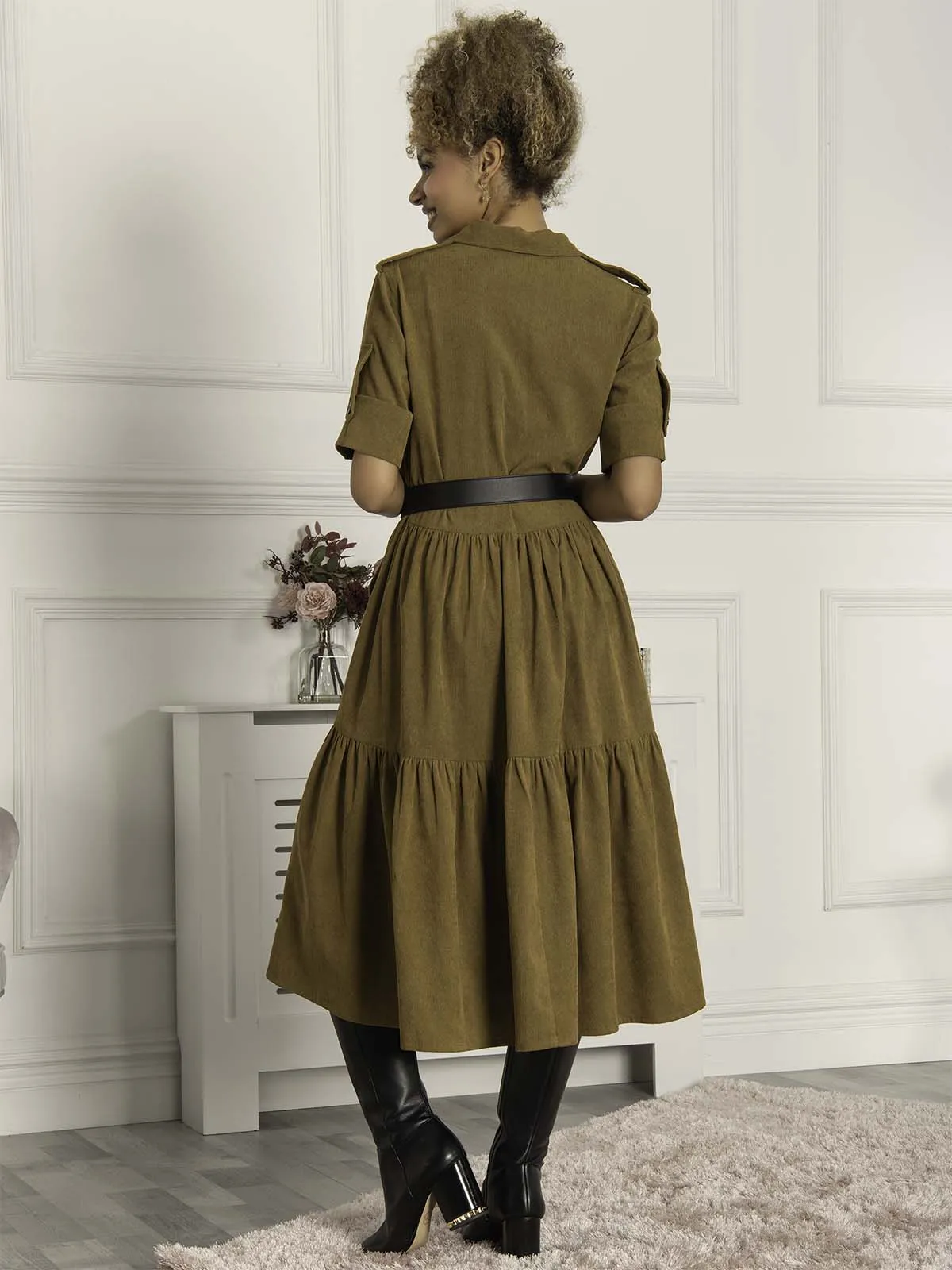 Jolie Moi Military Tiered Corduroy Shirt Dress, Khaki