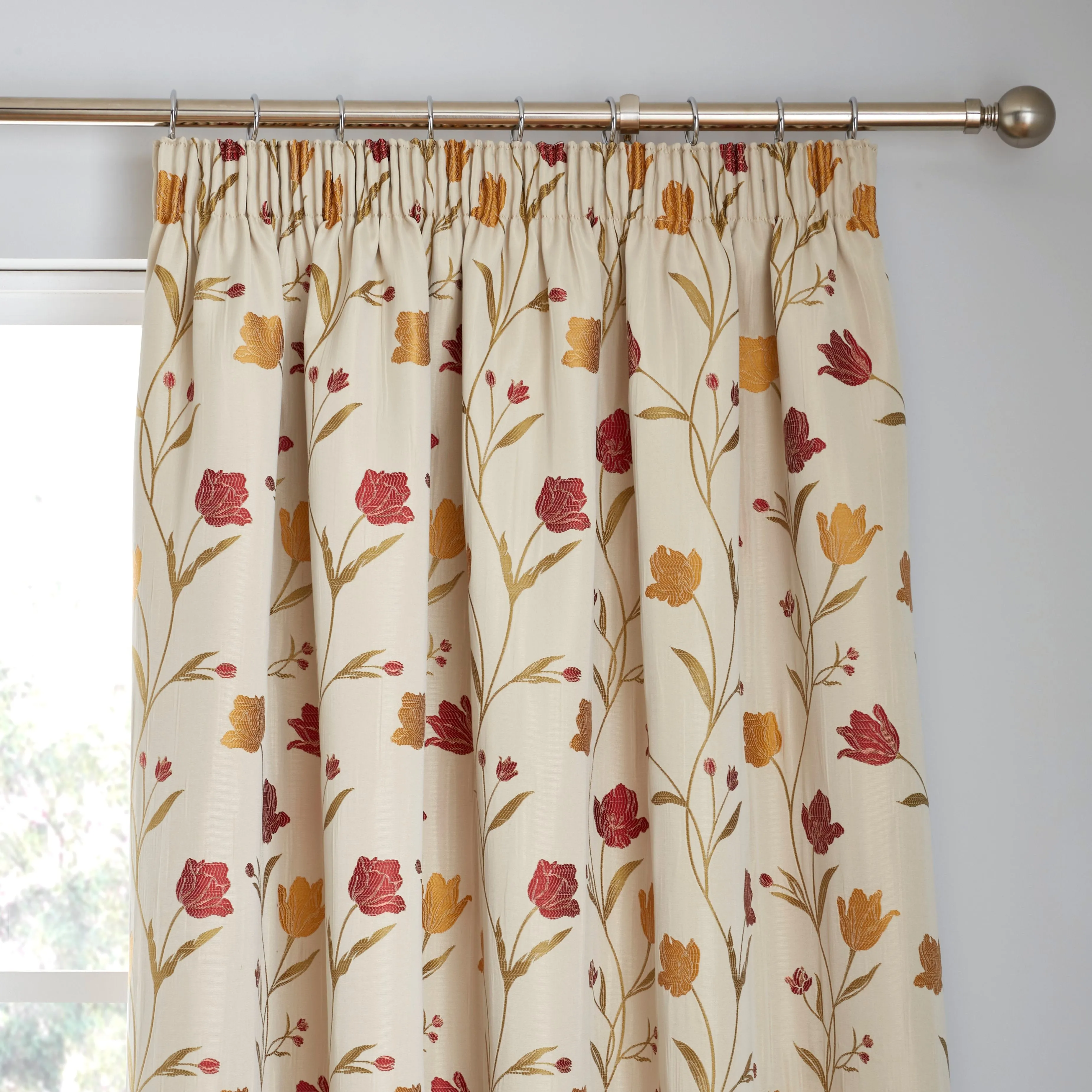 Juliette Pair of Pencil Pleat Curtains by Curtina in Natural & Red