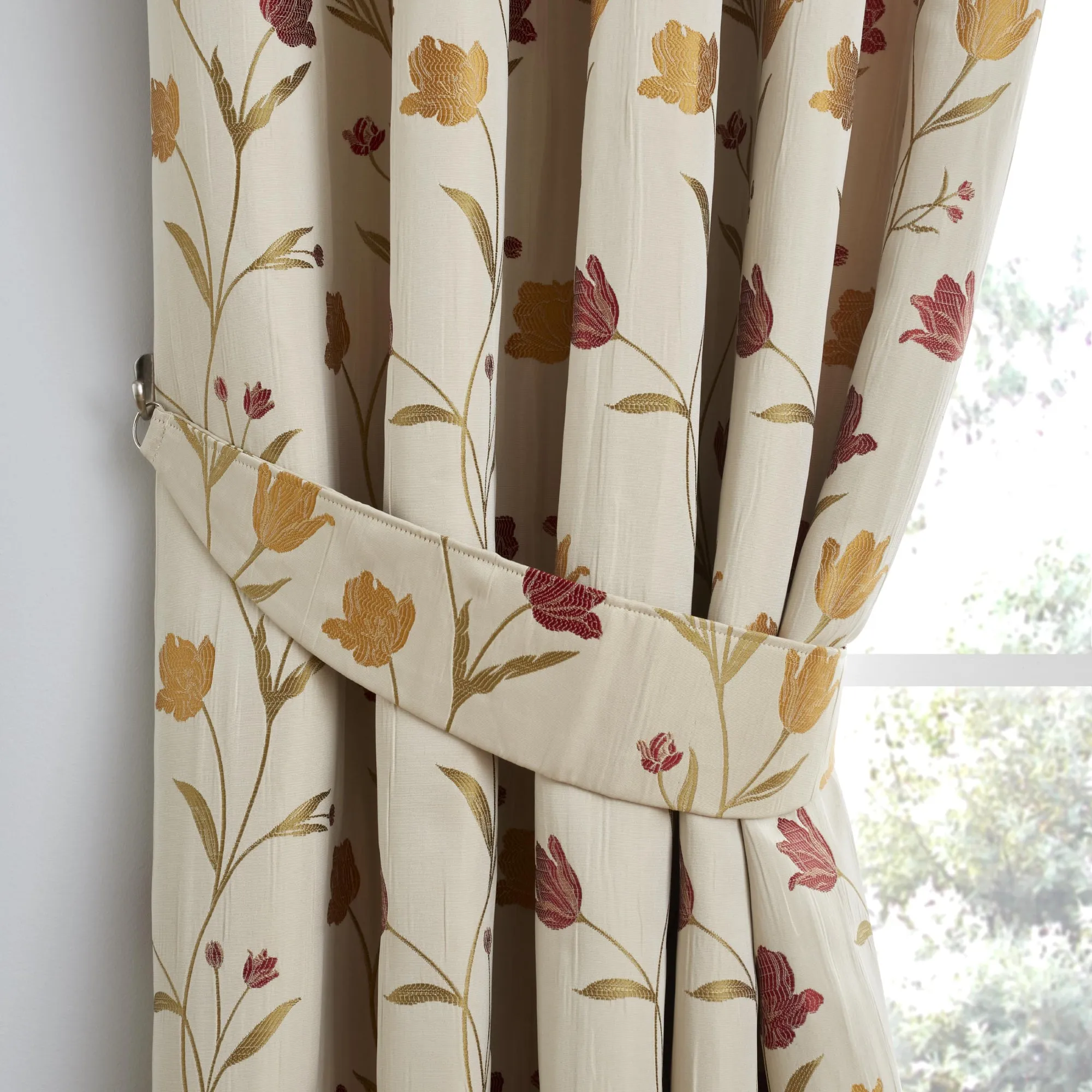 Juliette Pair of Pencil Pleat Curtains by Curtina in Natural & Red