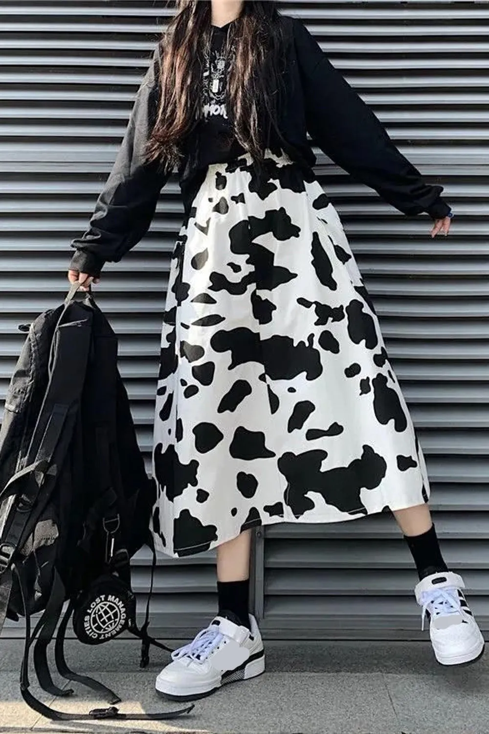 KittenAlarm - Loose Cow Printed Mid Calf Skirts