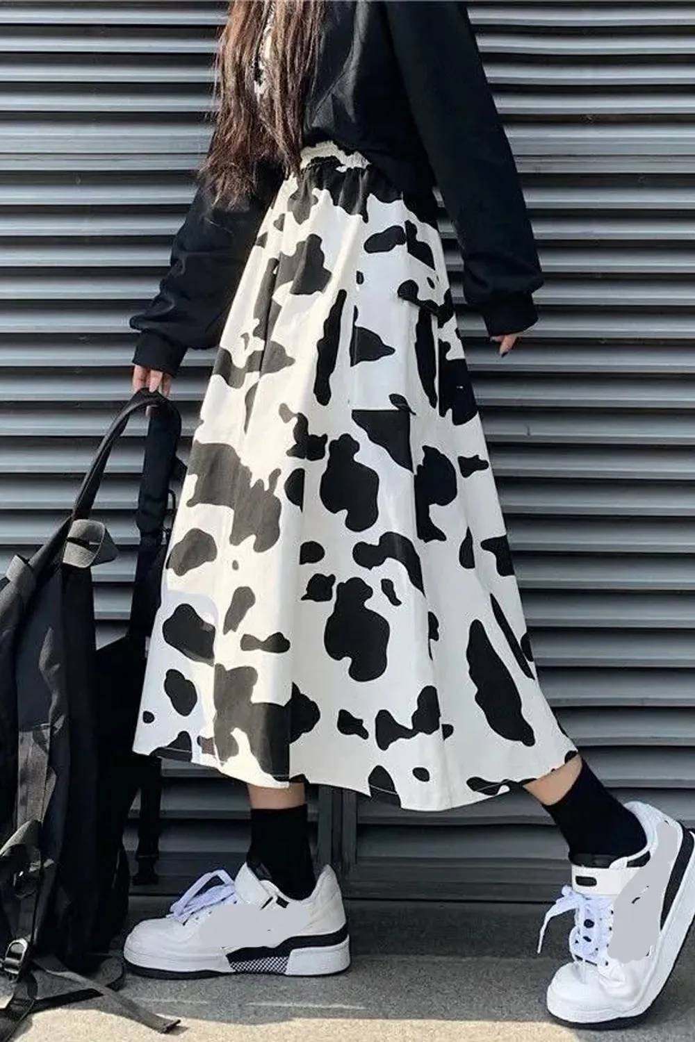 KittenAlarm - Loose Cow Printed Mid Calf Skirts