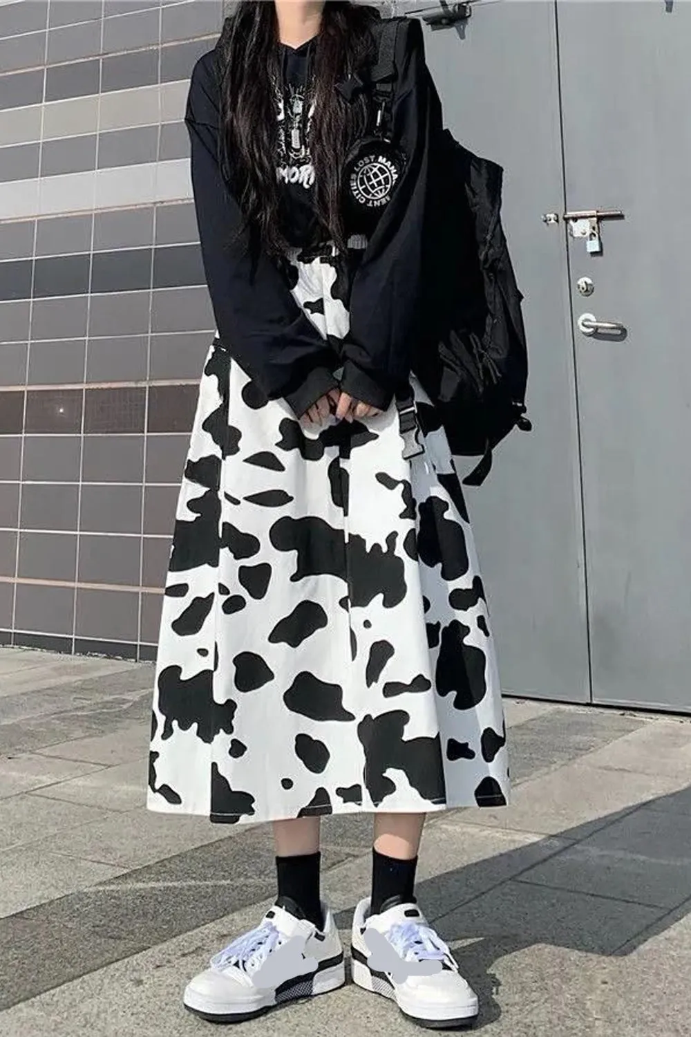 KittenAlarm - Loose Cow Printed Mid Calf Skirts
