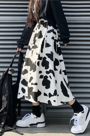 KittenAlarm - Loose Cow Printed Mid Calf Skirts