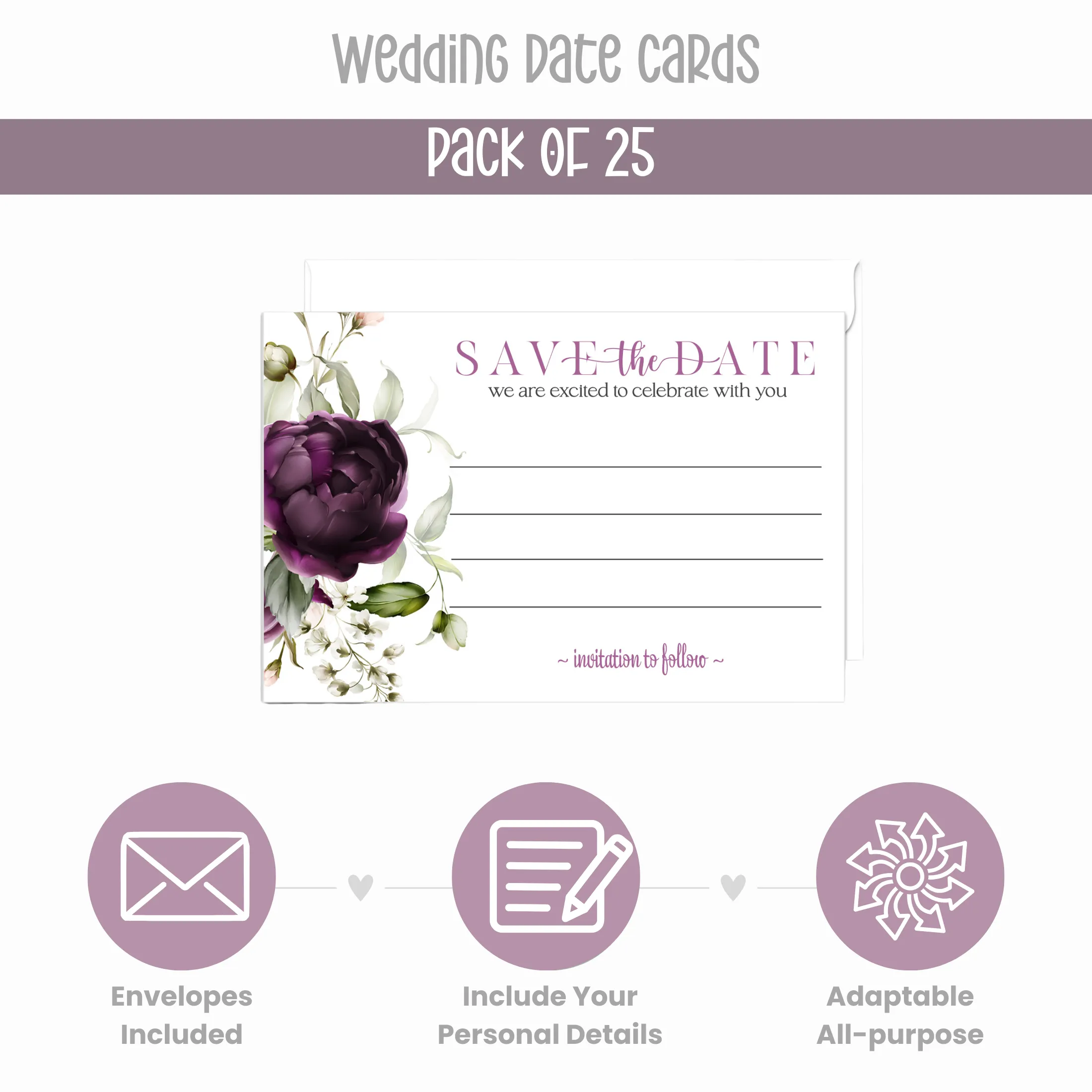 Modern Purple Floral Save the Date Cards (25 Pack) - Sophisticated Invitations with Envelopes - 3.5x5