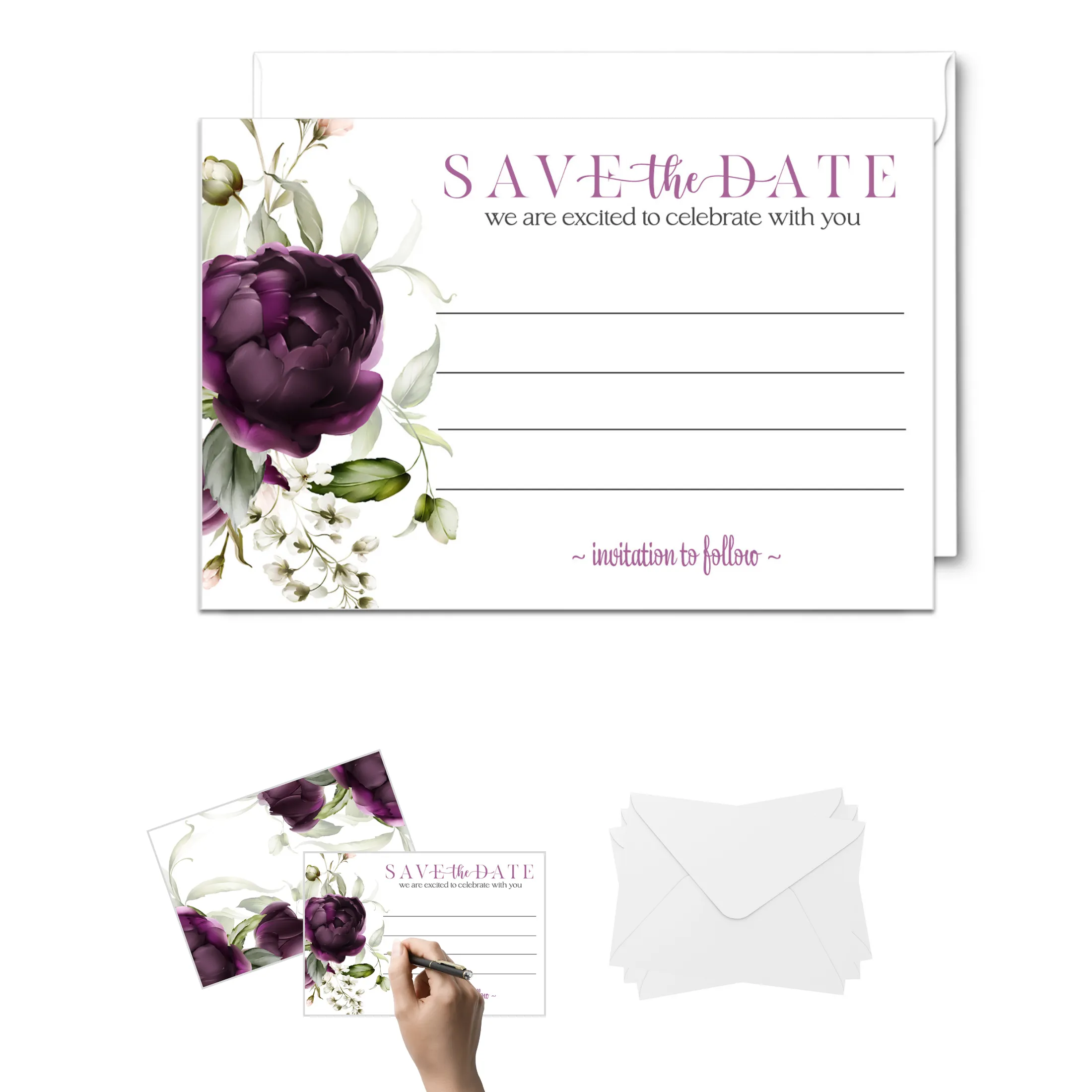 Modern Purple Floral Save the Date Cards (25 Pack) - Sophisticated Invitations with Envelopes - 3.5x5