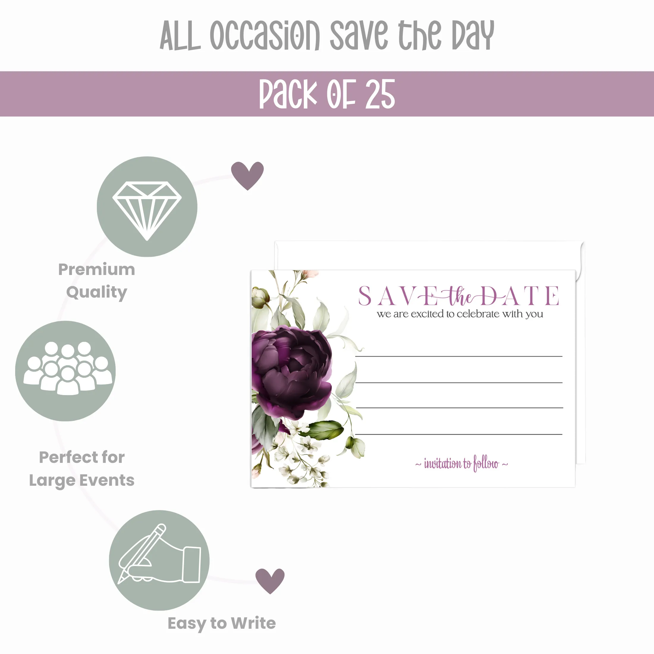 Modern Purple Floral Save the Date Cards (25 Pack) - Sophisticated Invitations with Envelopes - 3.5x5