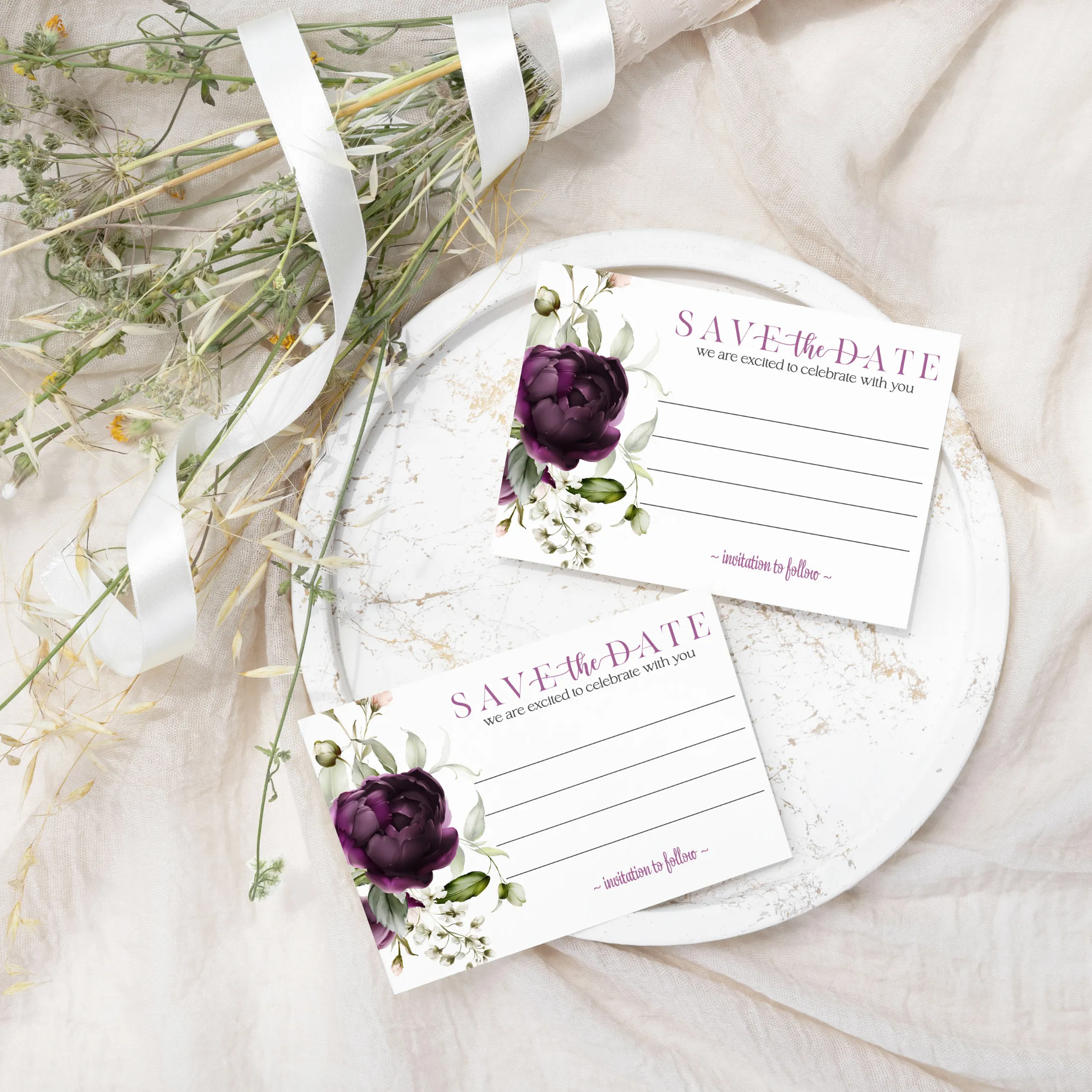 Modern Purple Floral Save the Date Cards (25 Pack) - Sophisticated Invitations with Envelopes - 3.5x5