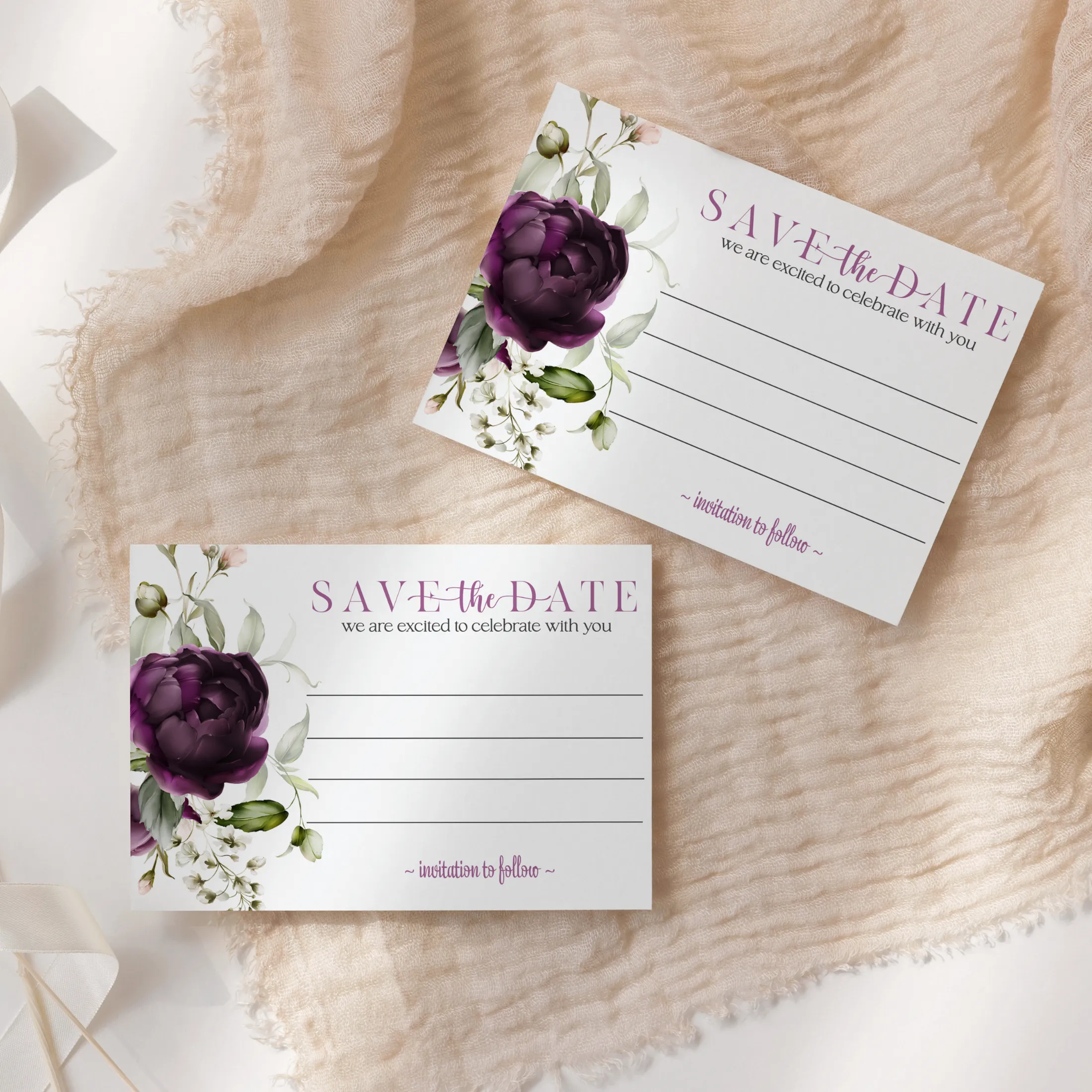 Modern Purple Floral Save the Date Cards (25 Pack) - Sophisticated Invitations with Envelopes - 3.5x5