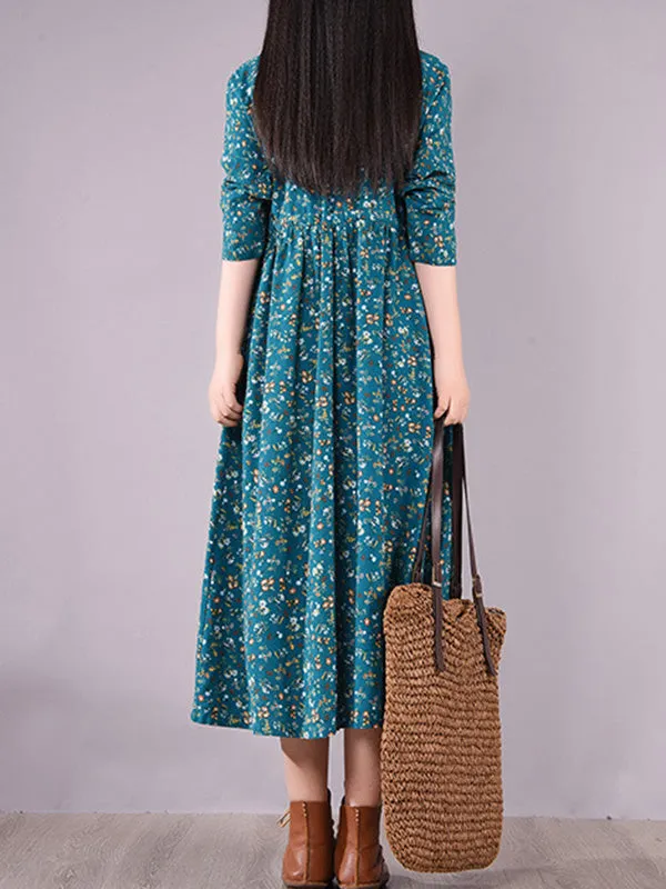 Original Lapel Frenum Floral Printed Midi Dress